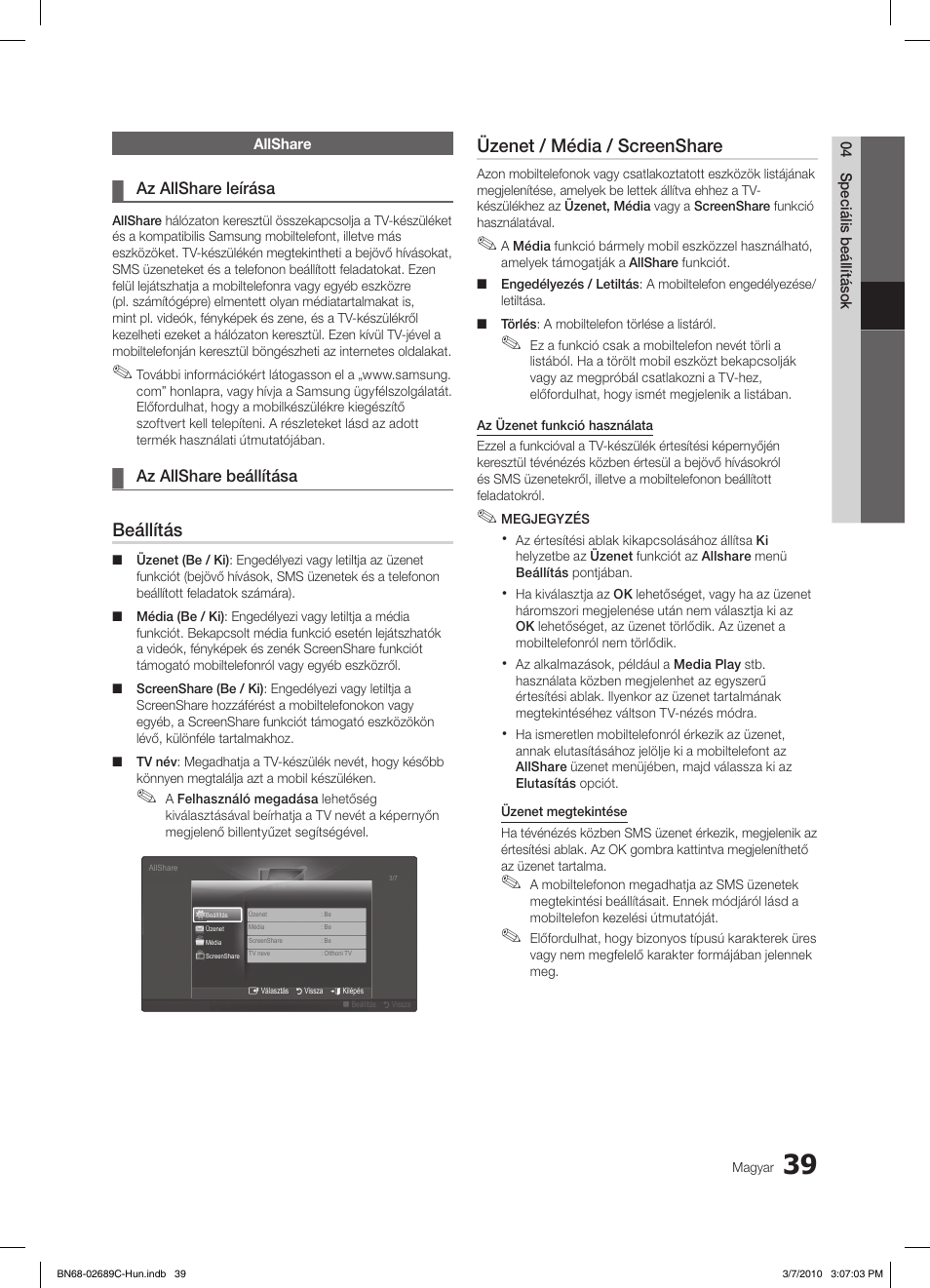 Beállítás, Üzenet / média / screenshare | Samsung LE40C630K1W User Manual | Page 88 / 491