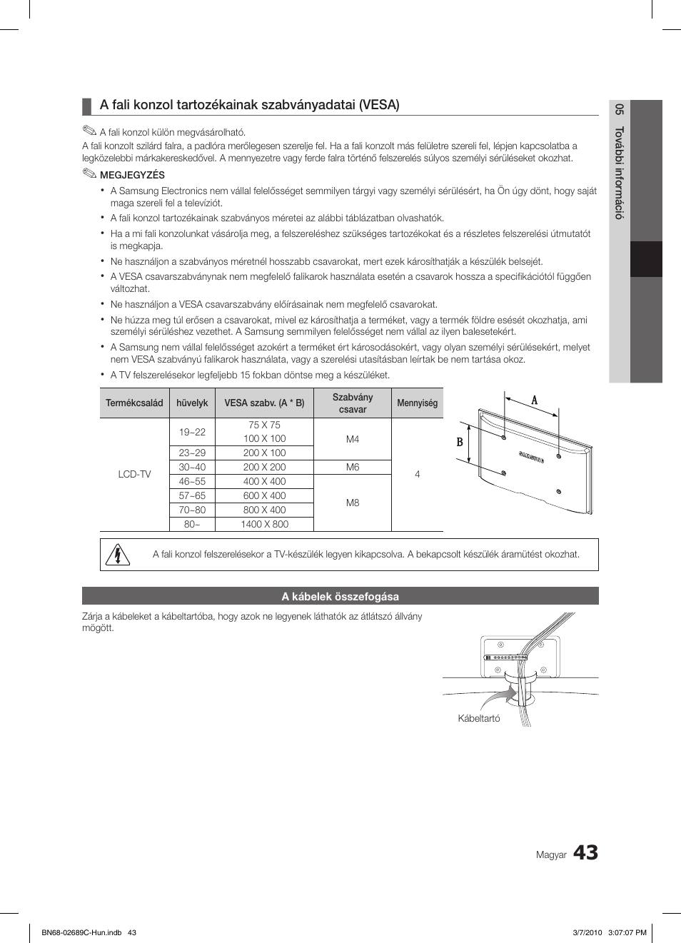 A fali konzol tartozékainak szabványadatai (vesa) | Samsung LE40C630K1W User Manual | Page 92 / 491