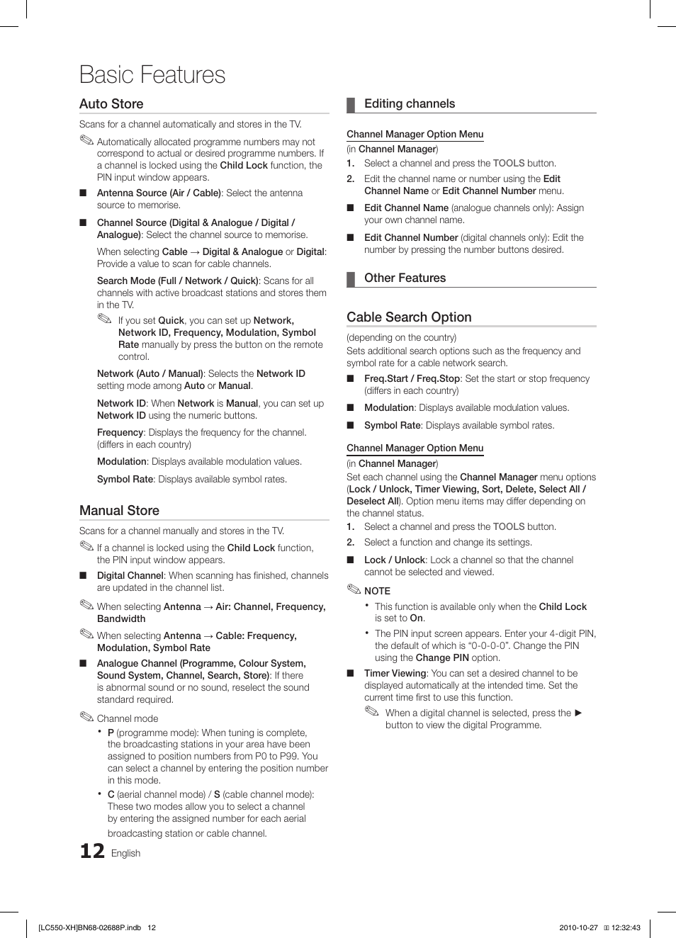 Basic features | Samsung LE32C550J1W User Manual | Page 12 / 491