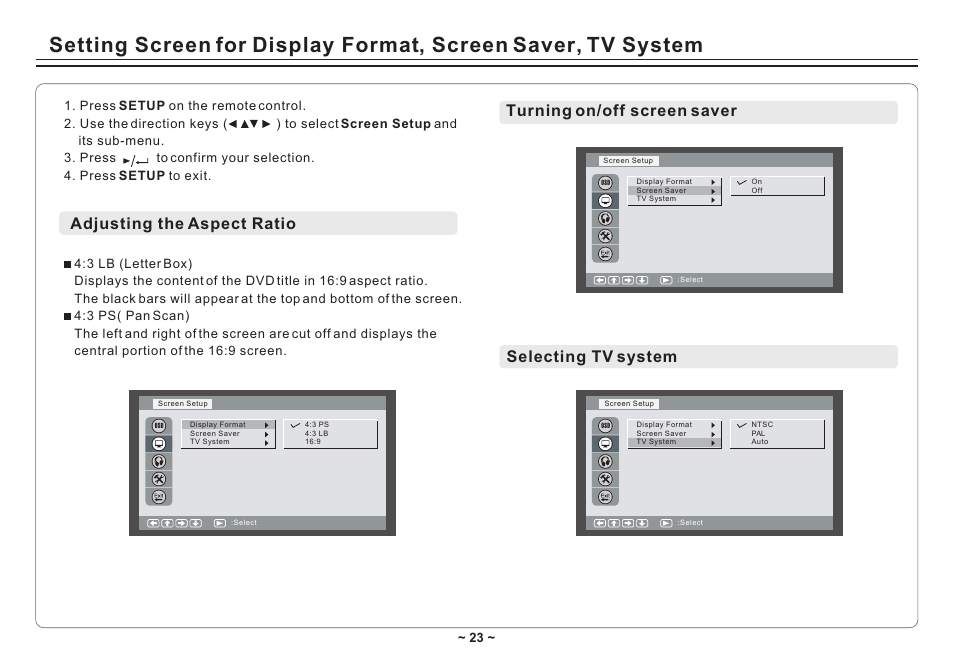 Т³гж 25, Turning on/off screen saver selecting tv system, Adjusting the aspect ratio | Avayon DXP-10P II User Manual | Page 25 / 34