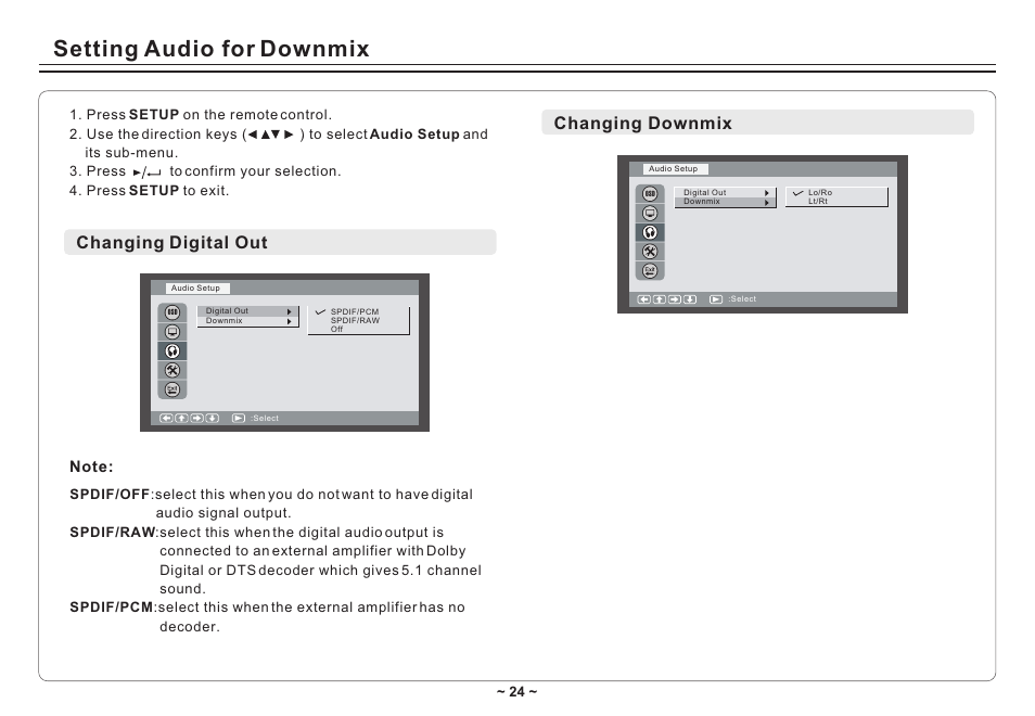 Т³гж 26, Setting audio for downmix, Changing digital out | Changing downmix | Avayon DXP-10P II User Manual | Page 26 / 34