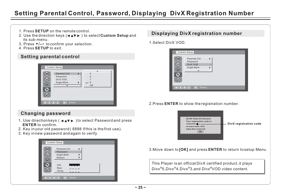 Т³гж 27, Setting parental control changing password, Displaying divx registration number | Avayon DXP-10P II User Manual | Page 27 / 34