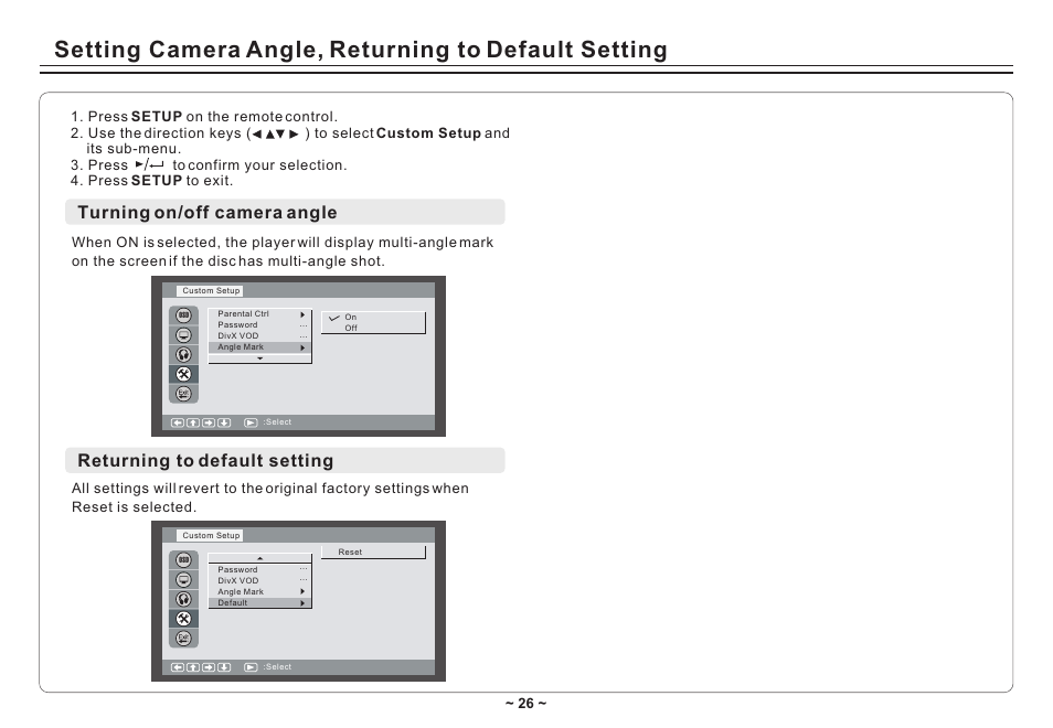Т³гж 28, Setting camera angle, returning to default setting, Turning on/off camera angle | Returning to default setting | Avayon DXP-10P II User Manual | Page 28 / 34