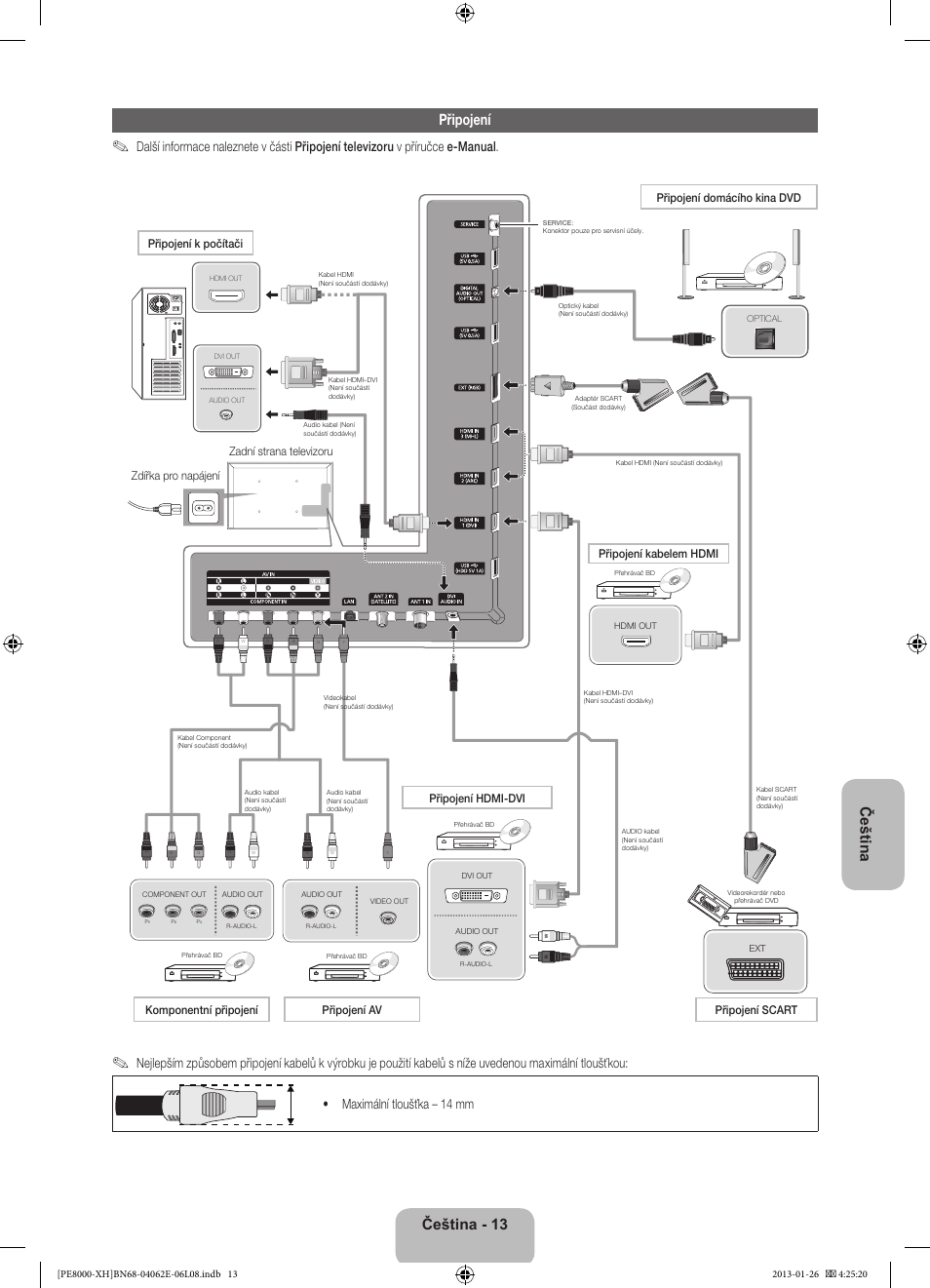 Čeština připojení, Čeština - 13, Zdířka pro napájení zadní strana televizoru | Samsung PS51D8000FS User Manual | Page 151 / 185