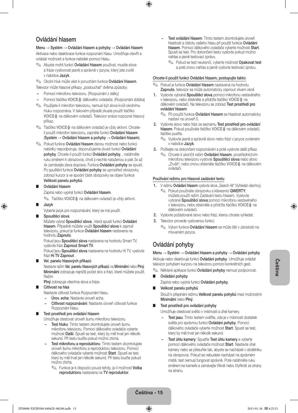 Ovládání hlasem, Ovládání pohyby | Samsung PS51D8000FS User Manual | Page 153 / 185