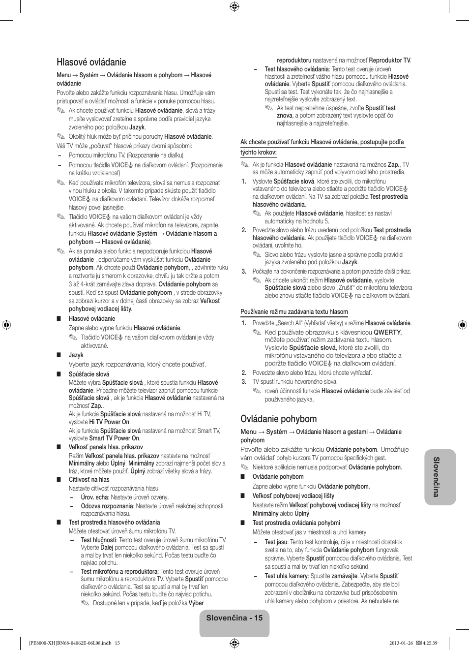 Hlasové ovládanie, Ovládanie pohybom | Samsung PS51D8000FS User Manual | Page 176 / 185