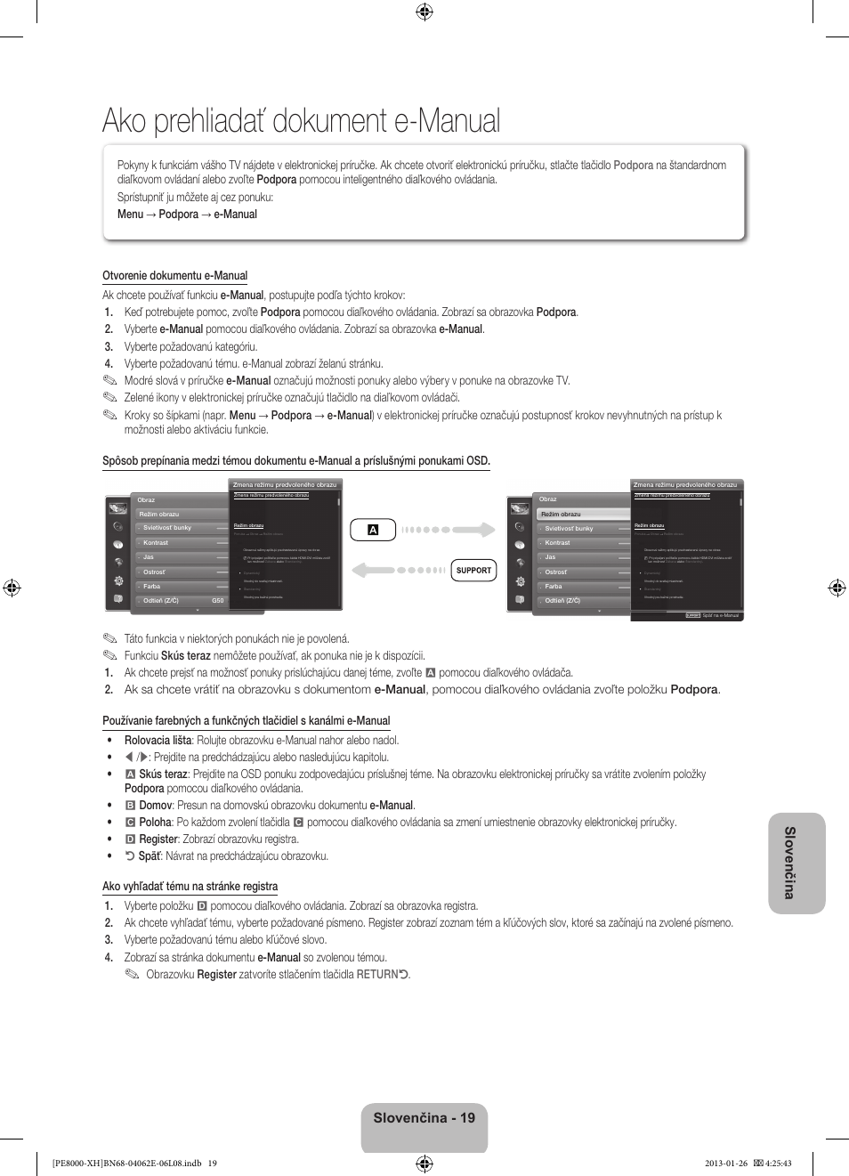 Ako prehliadať dokument e-manual, Slovenčina, Slovenčina - 19 | Táto funkcia v niektorých ponukách nie je povolená | Samsung PS51D8000FS User Manual | Page 180 / 185