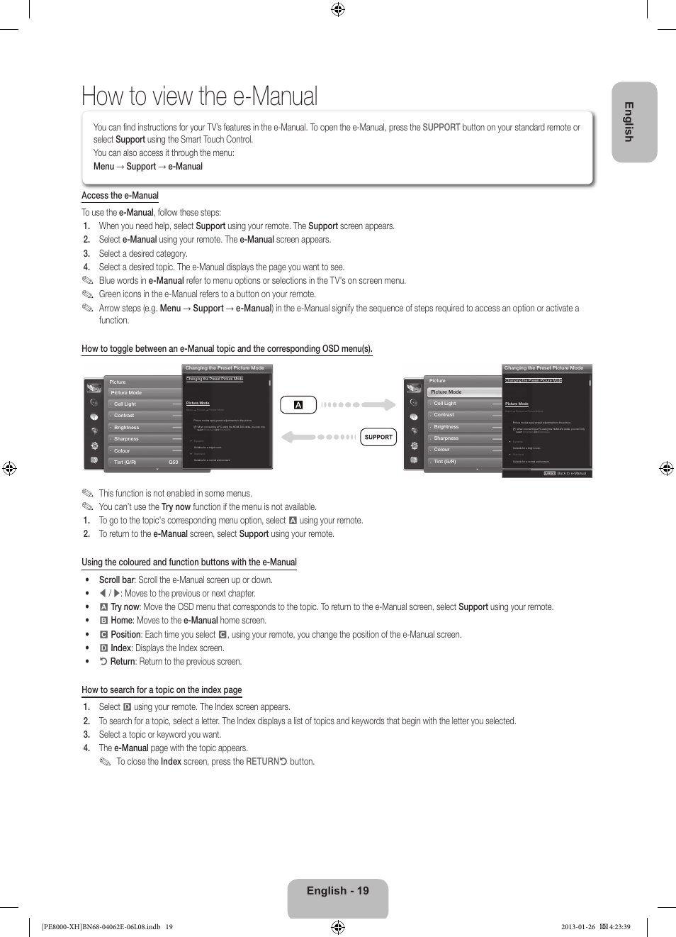 How to view the e-manual, English - 19 english, This function is not enabled in some menus | Samsung PS51D8000FS User Manual | Page 19 / 185