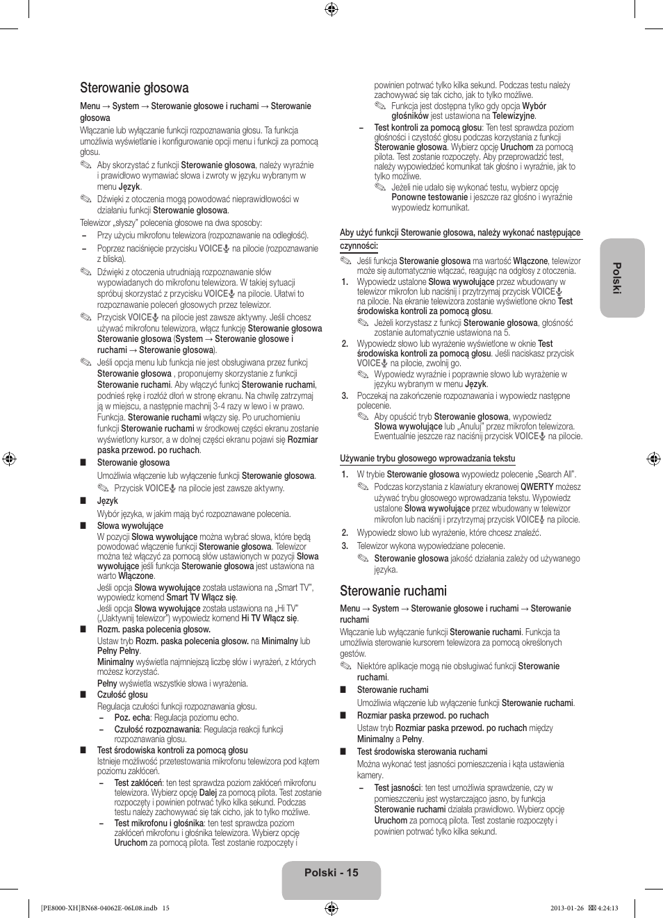 Sterowanie głosowa, Sterowanie ruchami | Samsung PS51D8000FS User Manual | Page 61 / 185