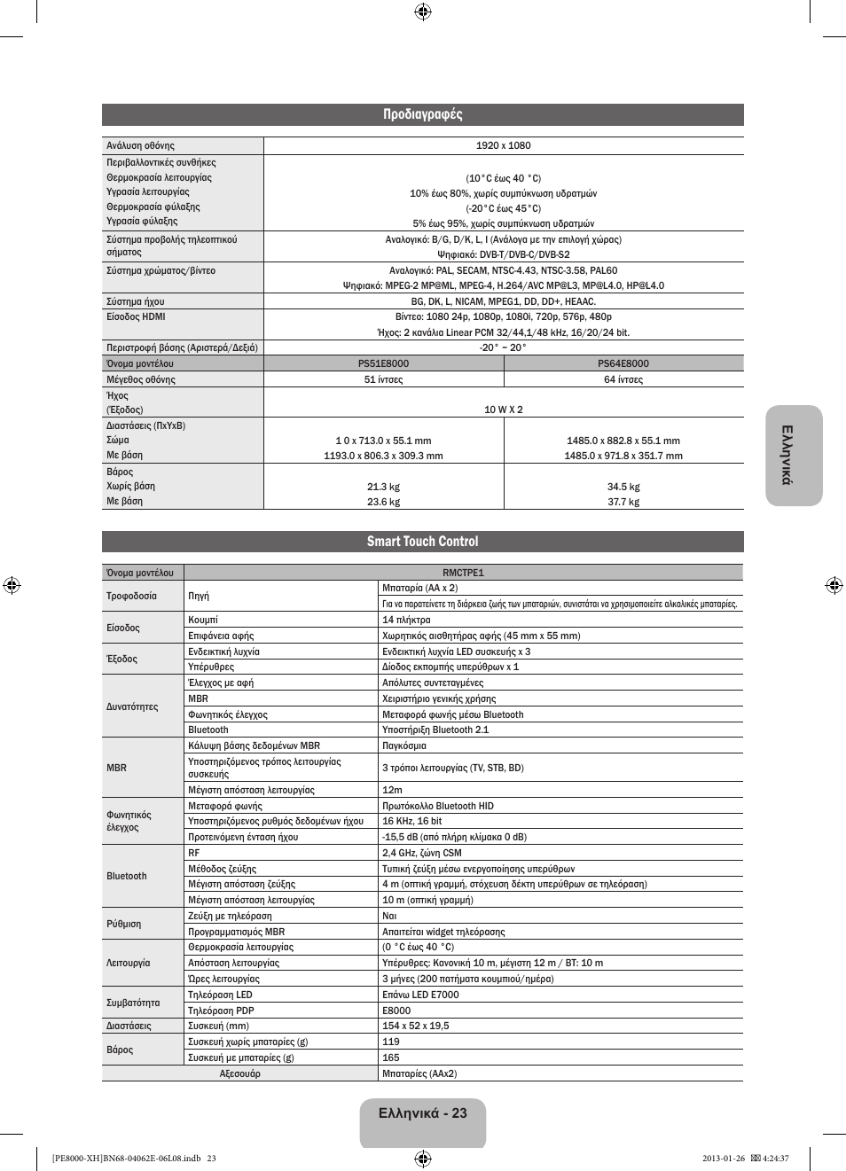 Προδιαγραφές, Smart touch control | Samsung PS51D8000FS User Manual | Page 92 / 185