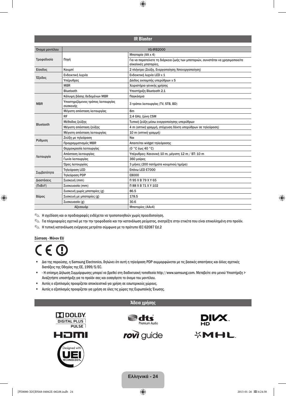 Ir blaster, Άδεια χρήσης | Samsung PS51D8000FS User Manual | Page 93 / 185