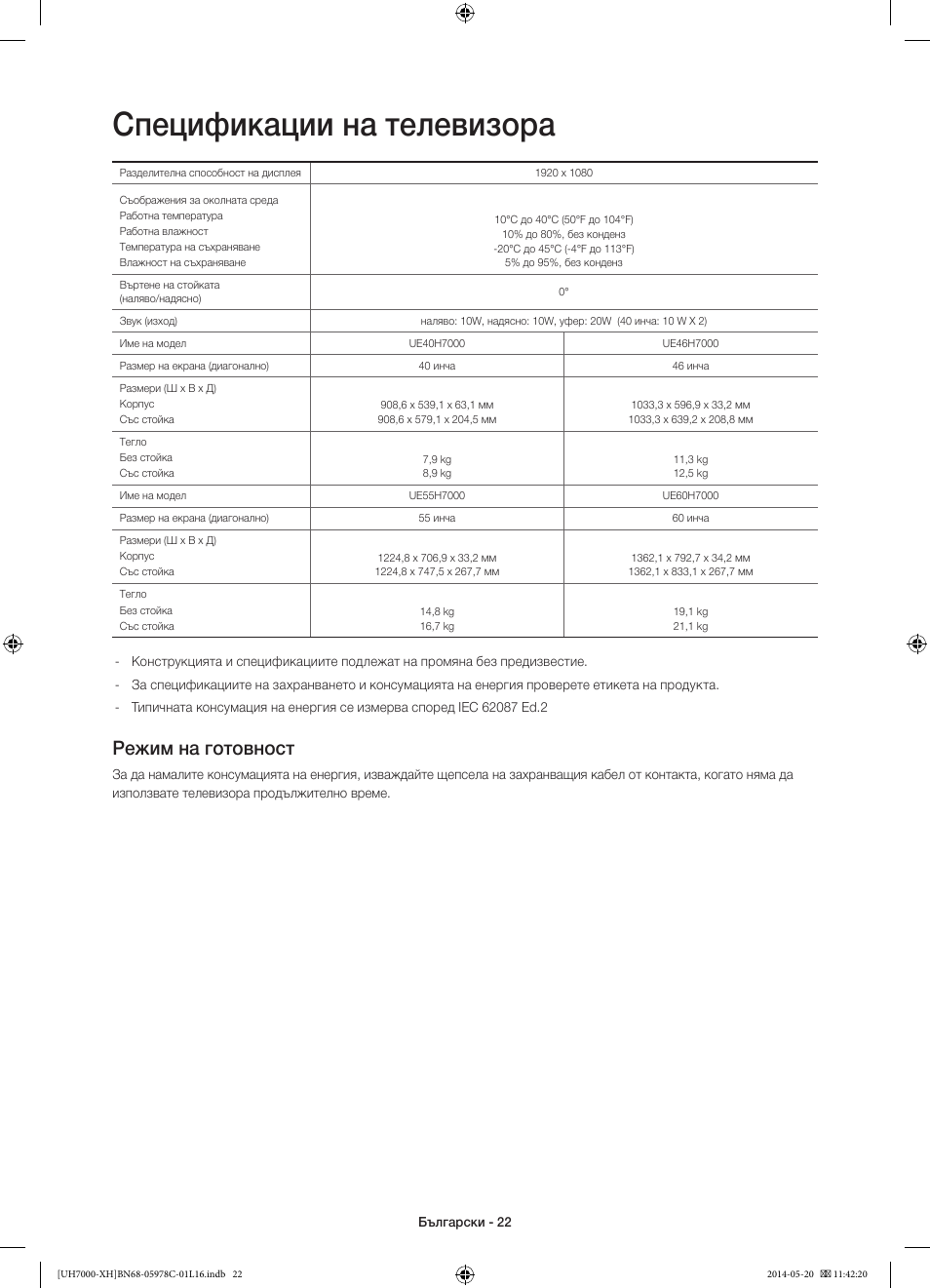 Спецификации на телевизора, Режим на готовност | Samsung UE60H7000ST User Manual | Page 110 / 353