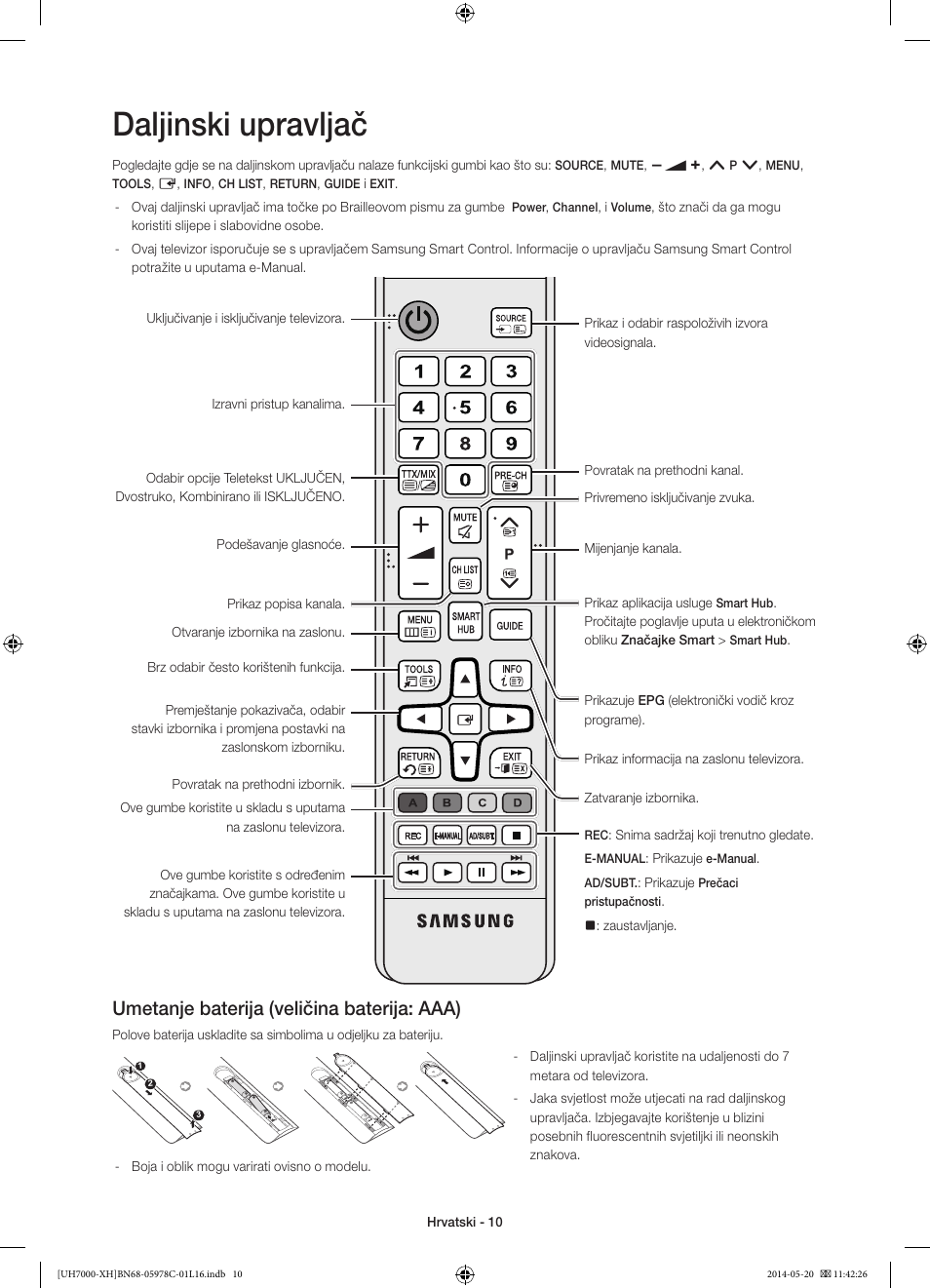 Daljinski upravljač, Umetanje baterija (veličina baterija: aaa) | Samsung UE60H7000ST User Manual | Page 120 / 353