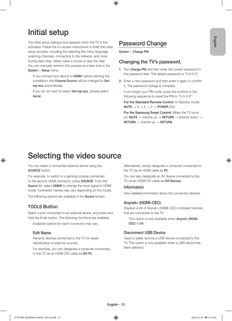 Initial setup, Selecting the video source, Password change | Changing the tv’s password, Button, Tools | Samsung UE60H7000ST User Manual | Page 13 / 353