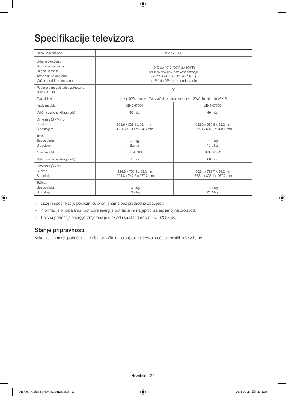 Specifikacije televizora, Stanje pripravnosti | Samsung UE60H7000ST User Manual | Page 132 / 353