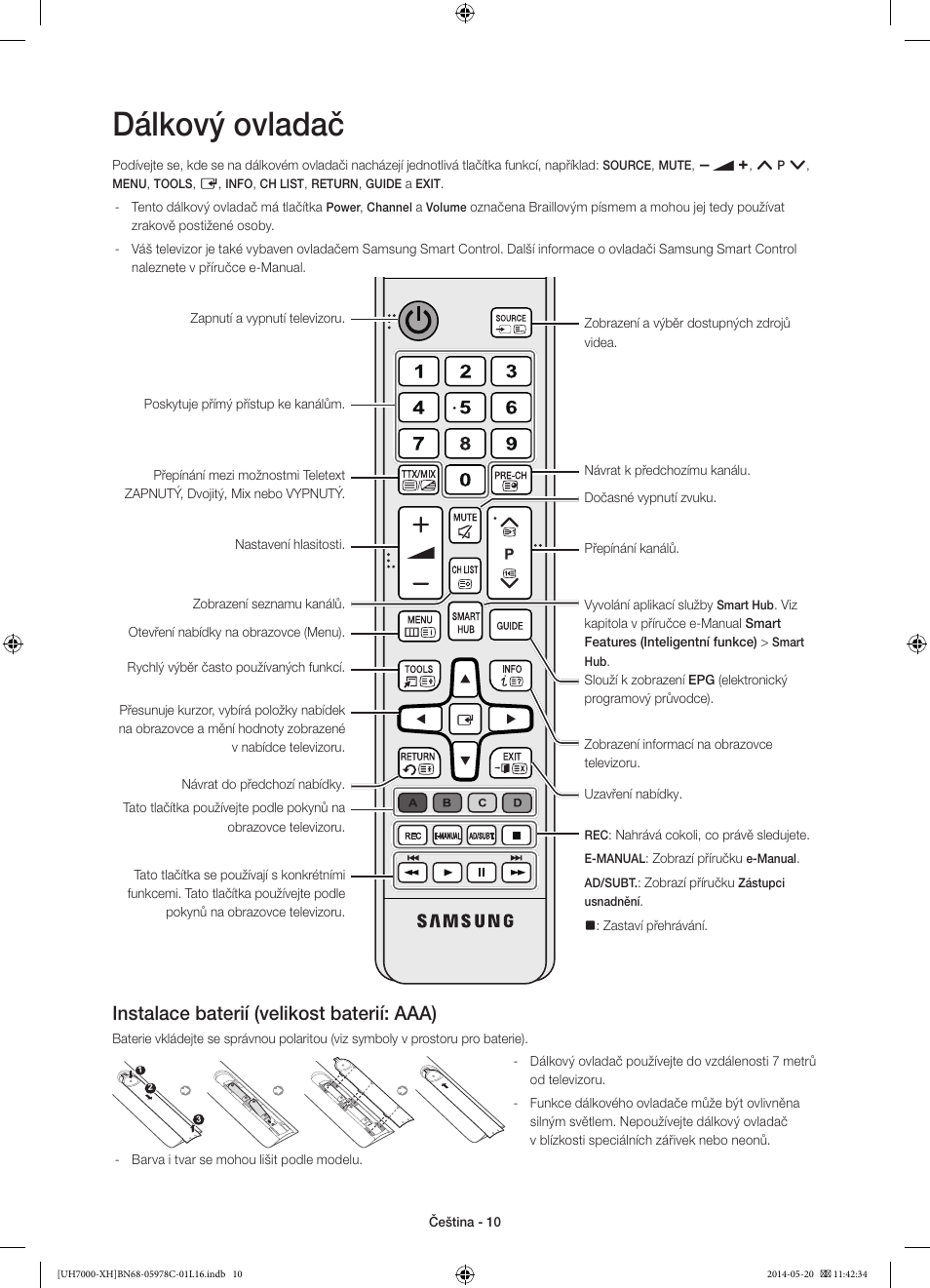Dálkový ovladač, Instalace baterií (velikost baterií: aaa) | Samsung UE60H7000ST User Manual | Page 142 / 353