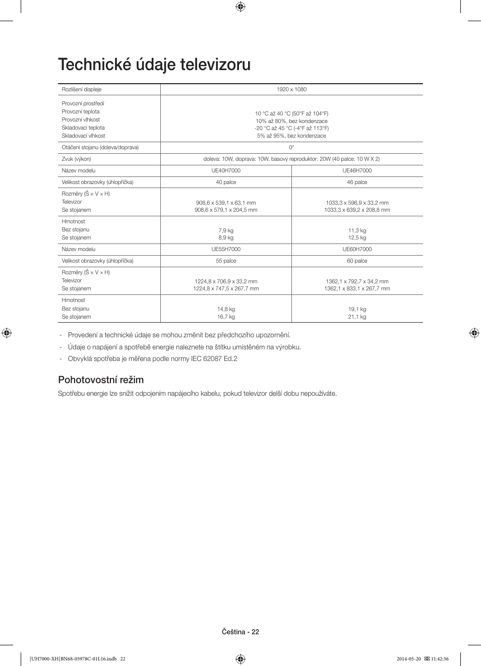 Technické údaje televizoru, Pohotovostní režim | Samsung UE60H7000ST User Manual | Page 154 / 353