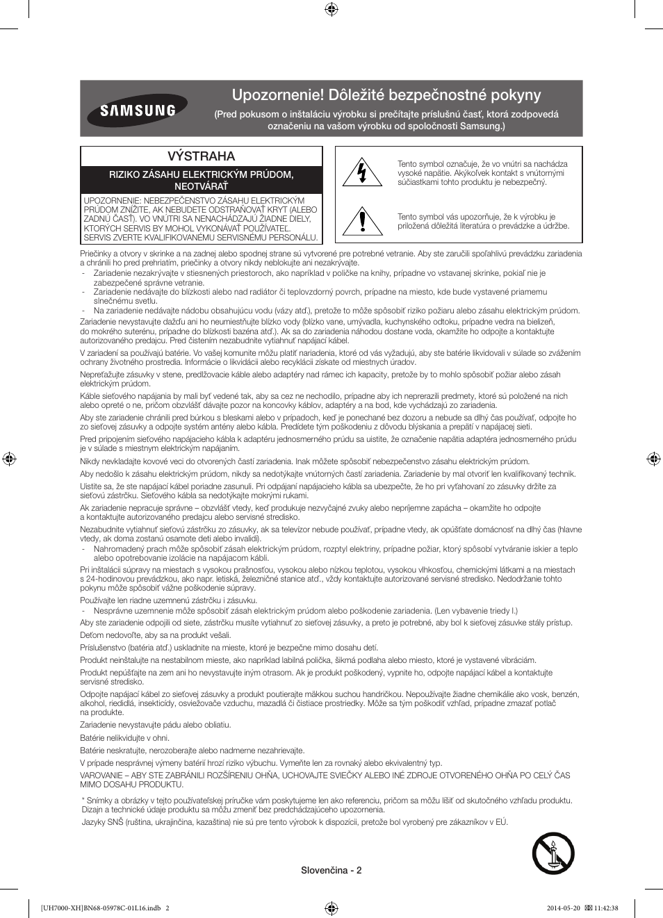 Upozornenie! dôležité bezpečnostné pokyny, Výstraha | Samsung UE60H7000ST User Manual | Page 156 / 353