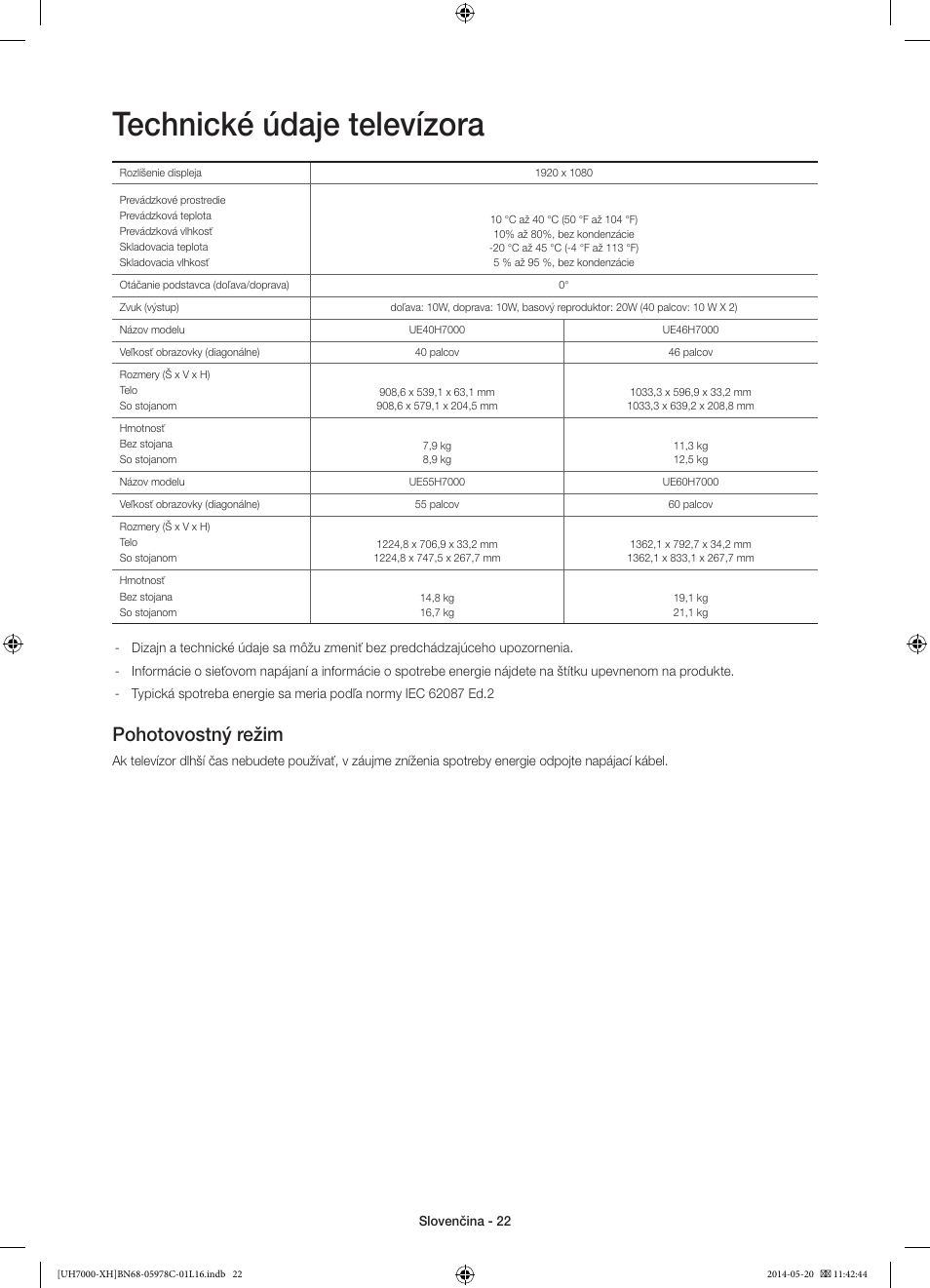 Technické údaje televízora, Pohotovostný režim | Samsung UE60H7000ST User Manual | Page 176 / 353