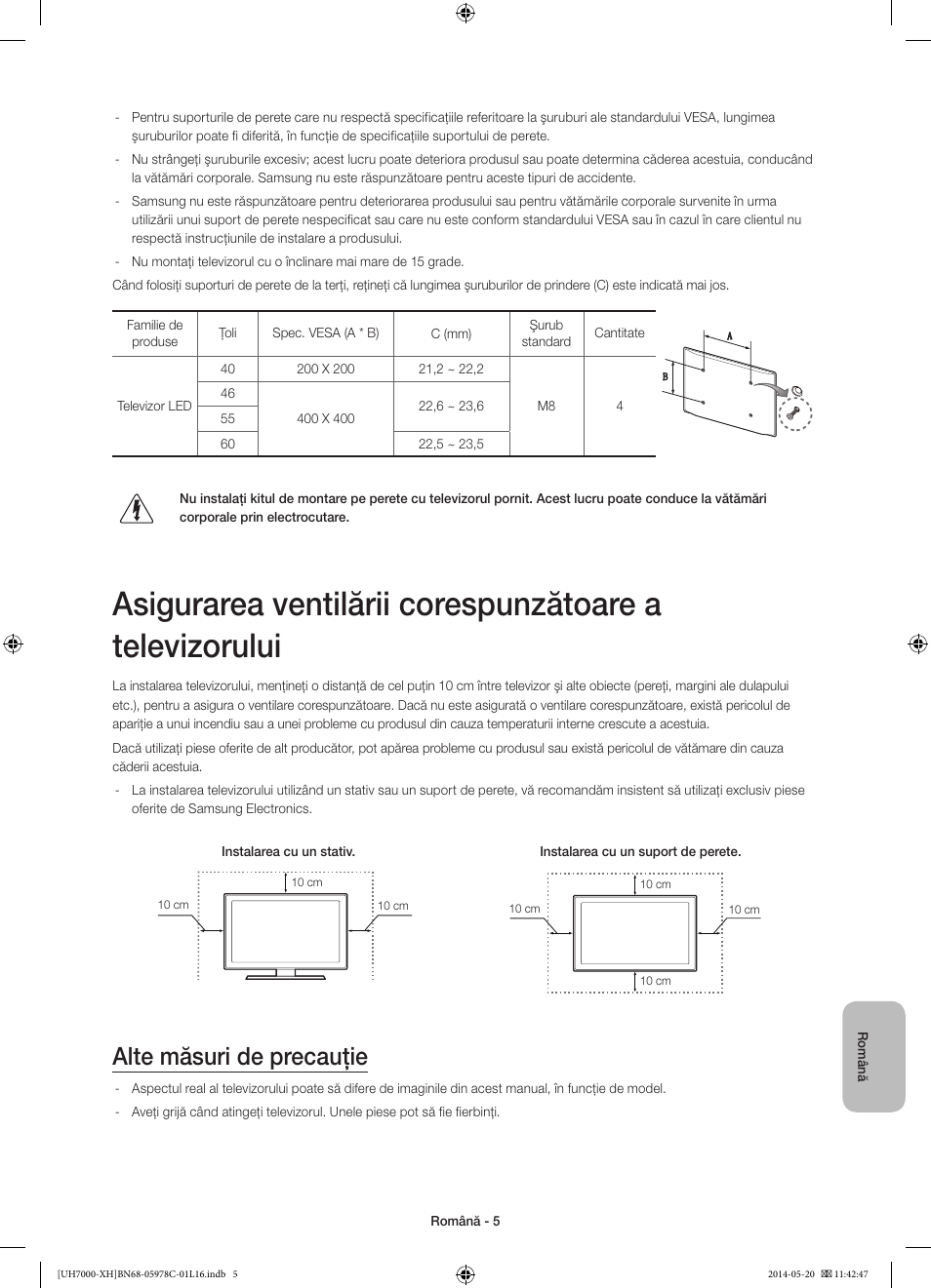 Alte măsuri de precauţie | Samsung UE60H7000ST User Manual | Page 181 / 353