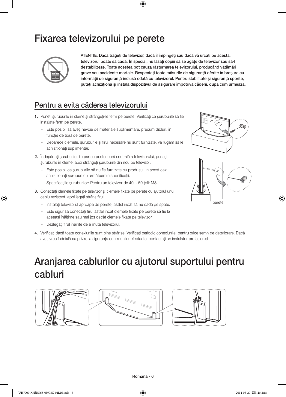 Fixarea televizorului pe perete, Pentru a evita căderea televizorului | Samsung UE60H7000ST User Manual | Page 182 / 353