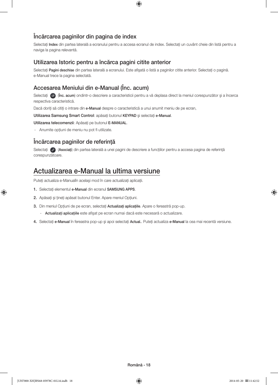 Actualizarea e-manual la ultima versiune, Încărcarea paginilor din pagina de index, Accesarea meniului din e-manual (înc. acum) | Încărcarea paginilor de referinţă | Samsung UE60H7000ST User Manual | Page 194 / 353