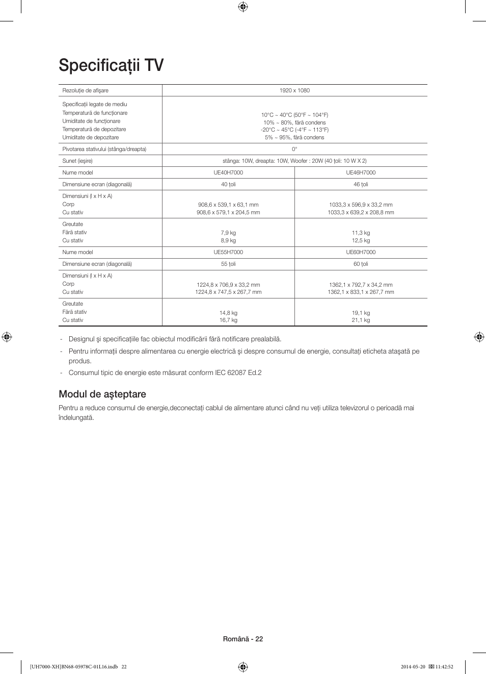 Specificaţii tv, Modul de aşteptare | Samsung UE60H7000ST User Manual | Page 198 / 353