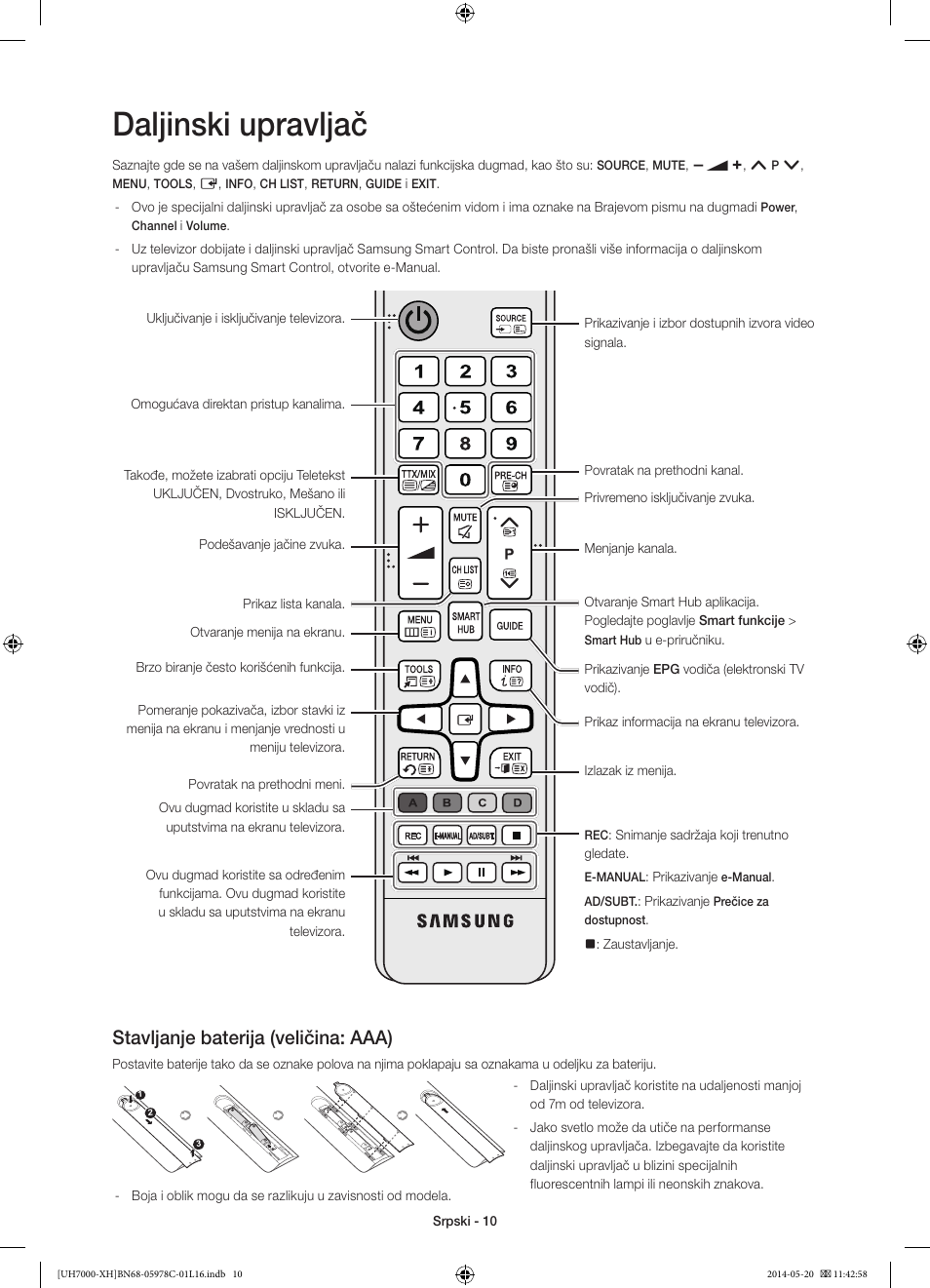 Daljinski upravljač, Stavljanje baterija (veličina: aaa) | Samsung UE60H7000ST User Manual | Page 208 / 353