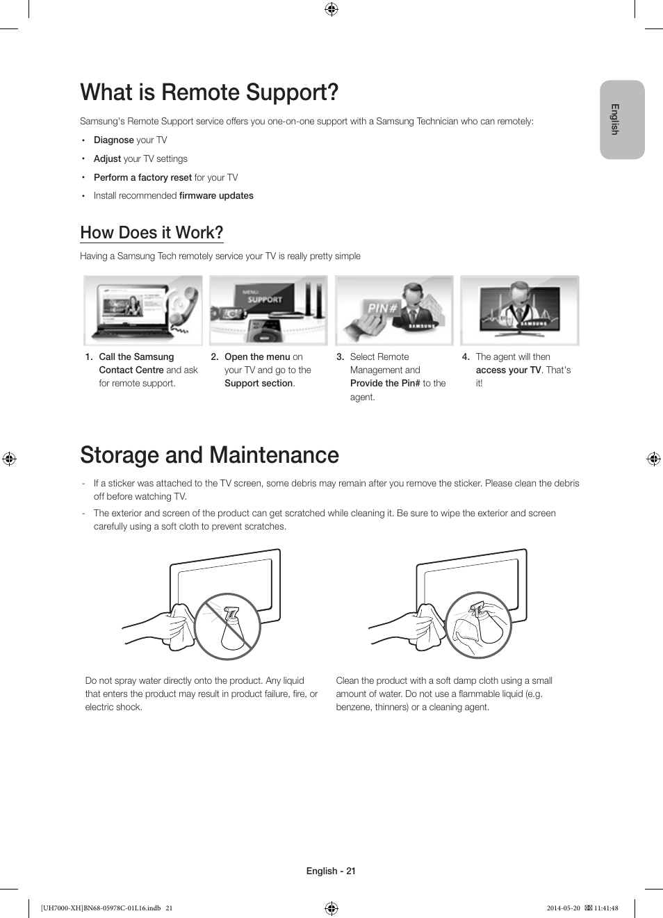 What is remote support, Storage and maintenance, How does it work | Samsung UE60H7000ST User Manual | Page 21 / 353
