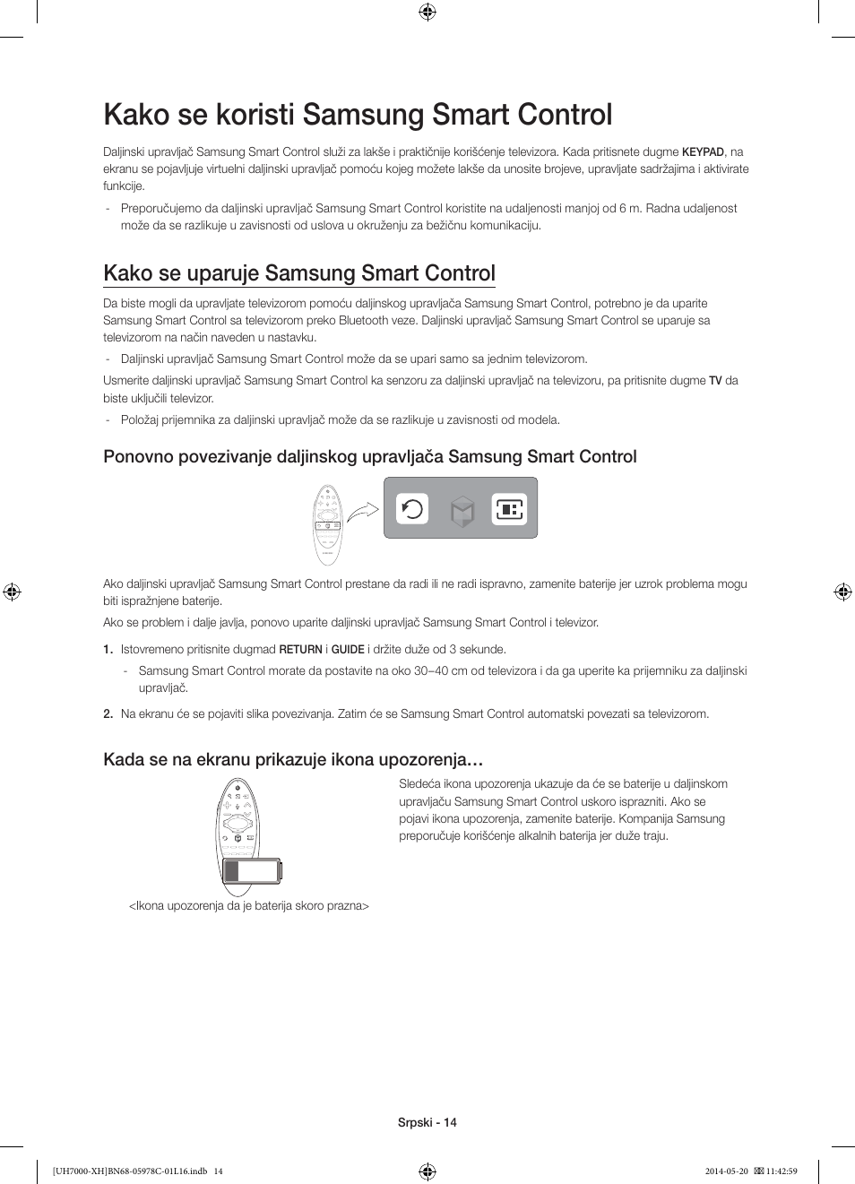 Kako se koristi samsung smart control, Kako se uparuje samsung smart control, Kada se na ekranu prikazuje ikona upozorenja | Samsung UE60H7000ST User Manual | Page 212 / 353
