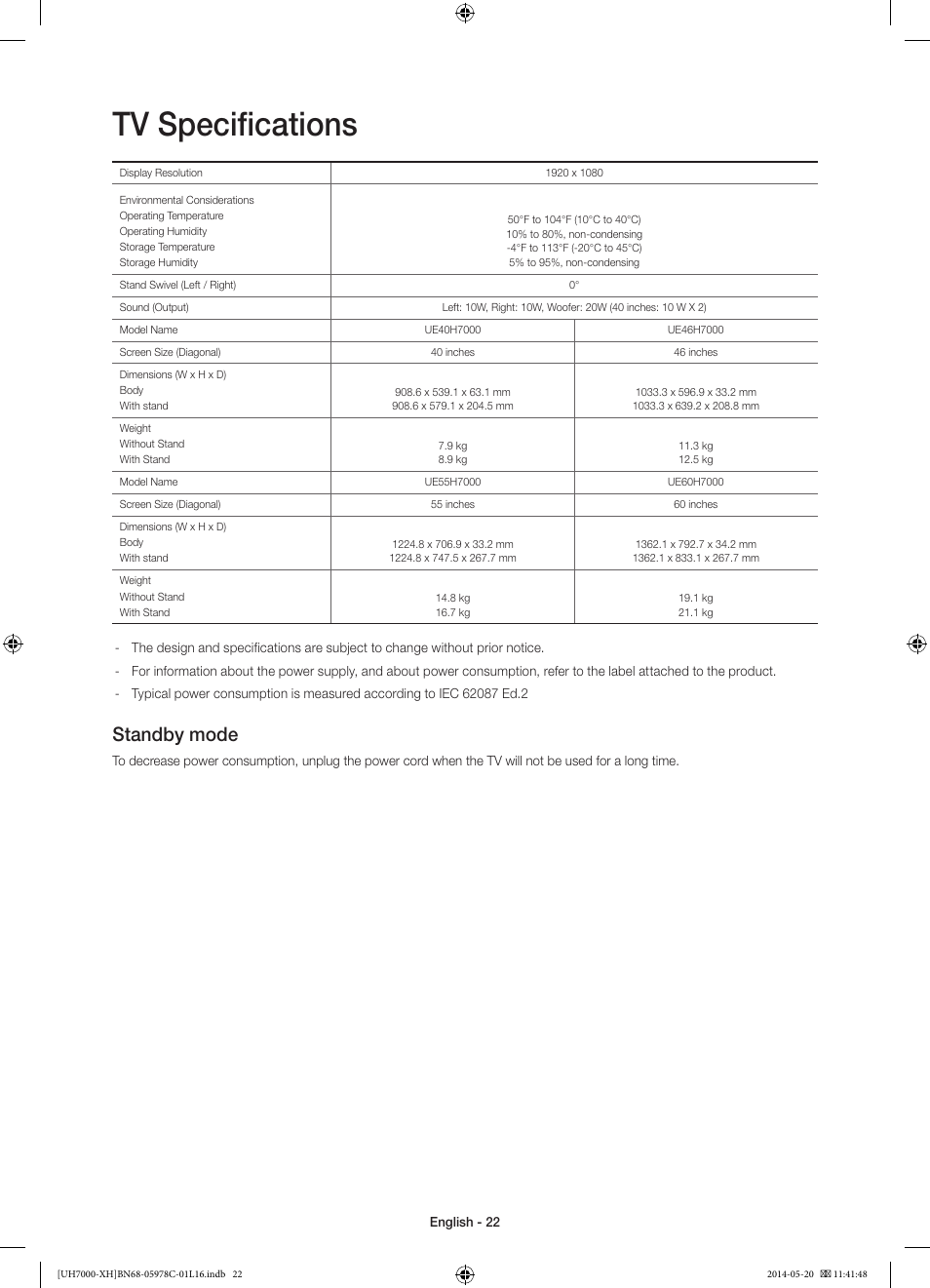 Tv specifications, Standby mode | Samsung UE60H7000ST User Manual | Page 22 / 353