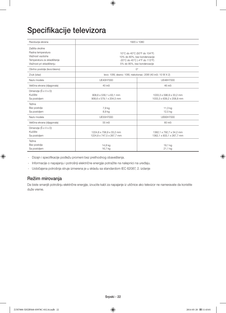 Specifikacije televizora, Režim mirovanja | Samsung UE60H7000ST User Manual | Page 220 / 353