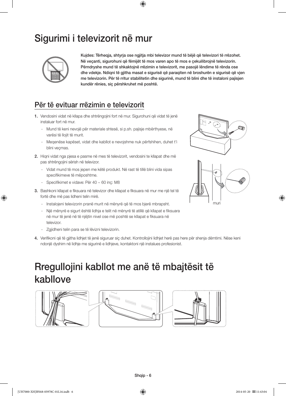 Sigurimi i televizorit në mur, Për të evituar rrëzimin e televizorit | Samsung UE60H7000ST User Manual | Page 226 / 353