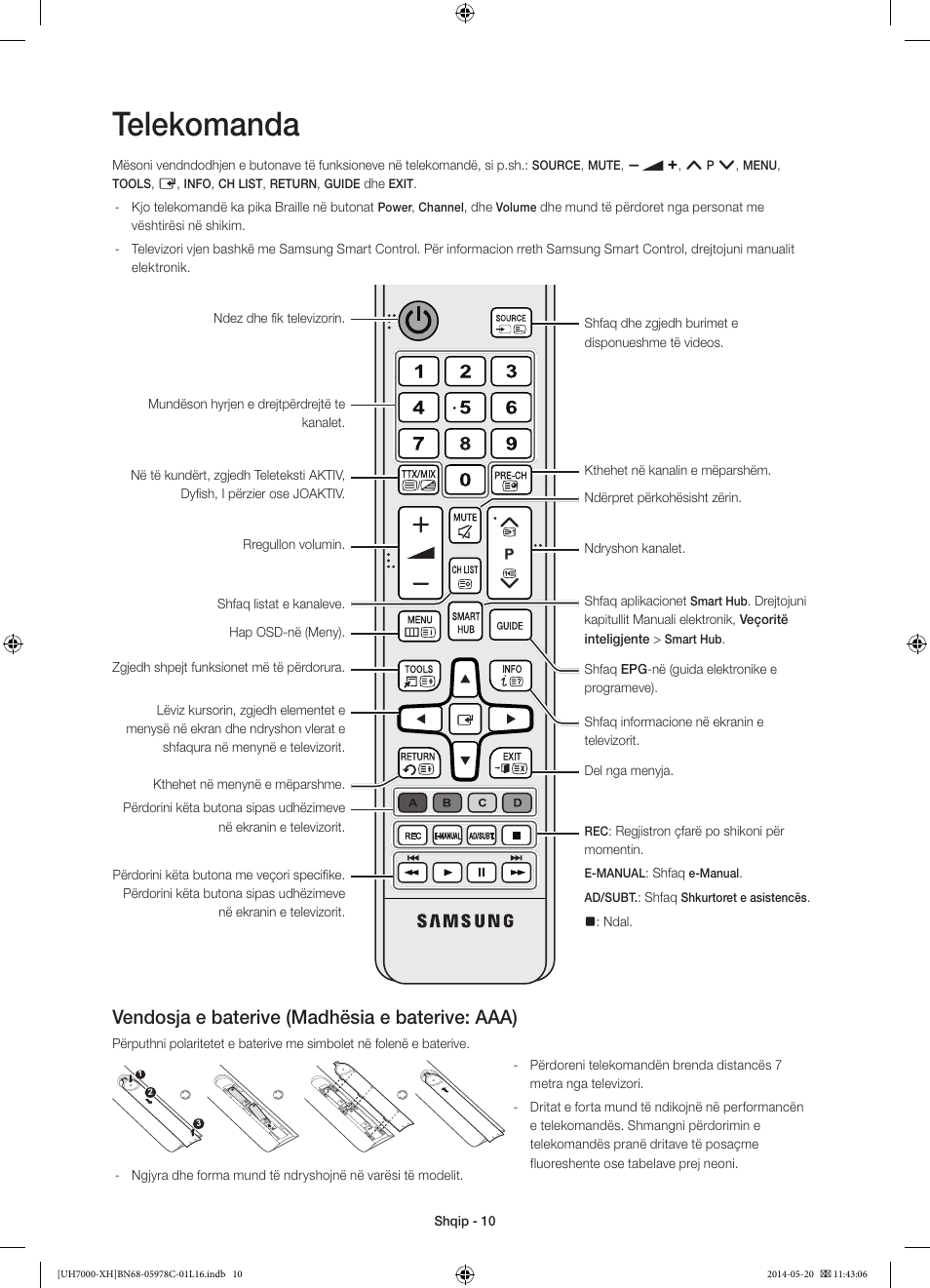 Telekomanda, Vendosja e baterive (madhësia e baterive: aaa) | Samsung UE60H7000ST User Manual | Page 230 / 353