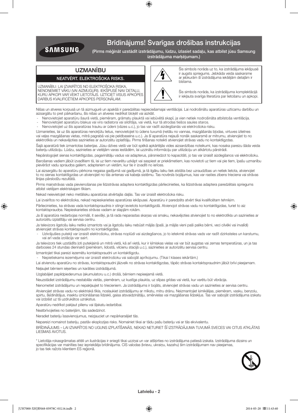 Brīdinājums! svarīgas drošības instrukcijas, Uzmanību | Samsung UE60H7000ST User Manual | Page 288 / 353