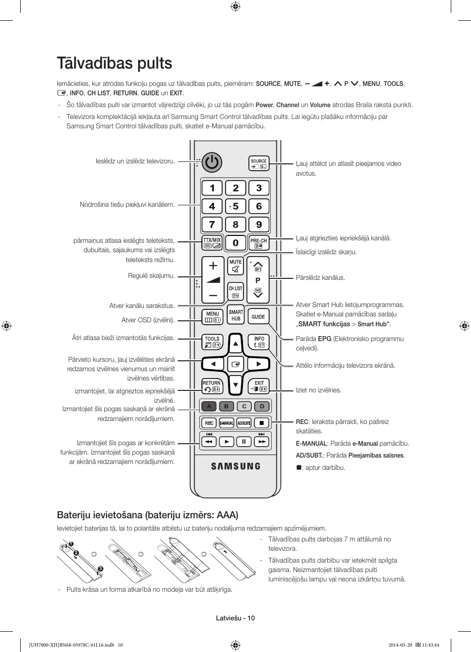 Tālvadības pults, Bateriju ievietošana (bateriju izmērs: aaa) | Samsung UE60H7000ST User Manual | Page 296 / 353