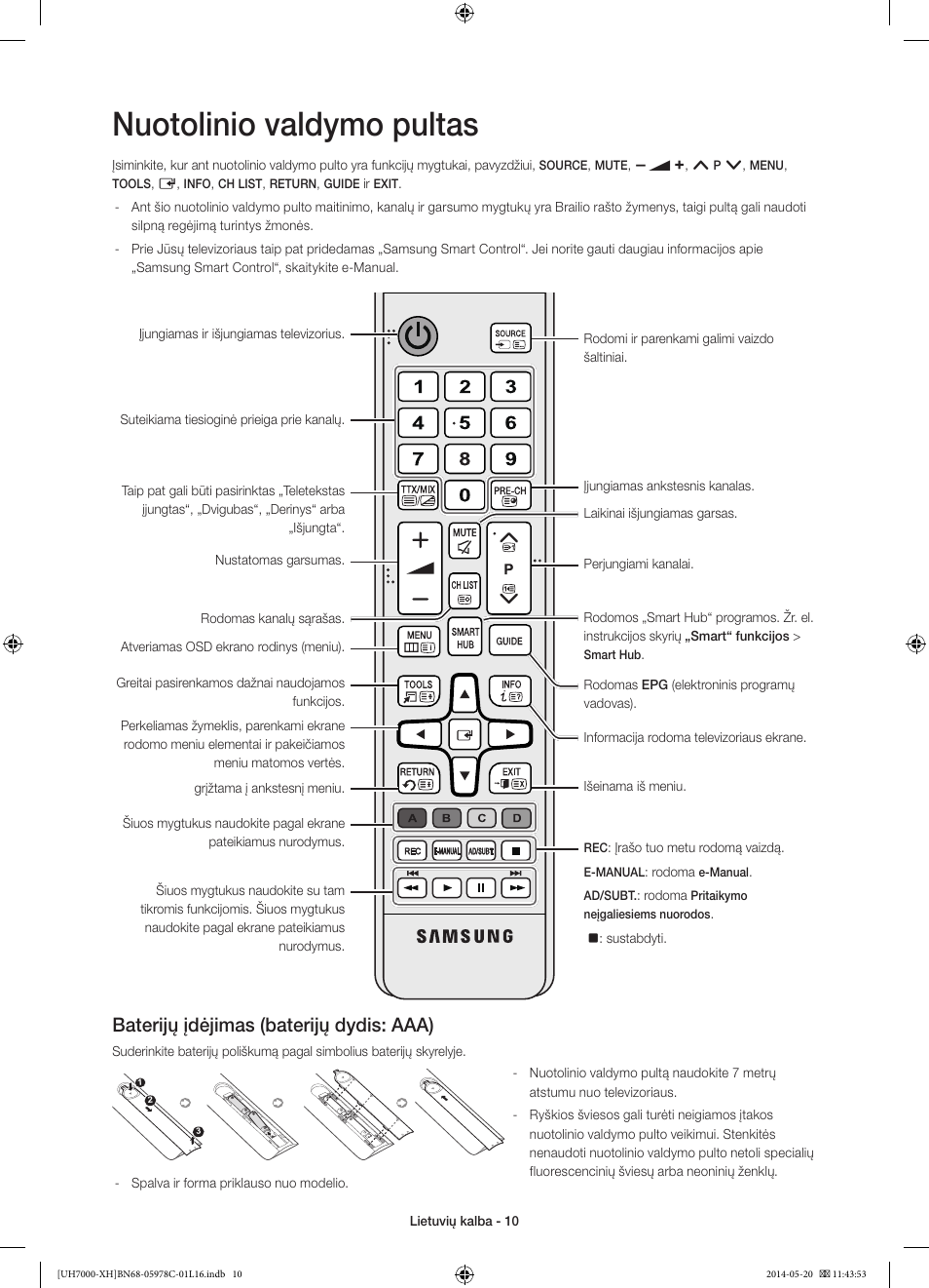 Nuotolinio valdymo pultas, Baterijų įdėjimas (baterijų dydis: aaa) | Samsung UE60H7000ST User Manual | Page 318 / 353