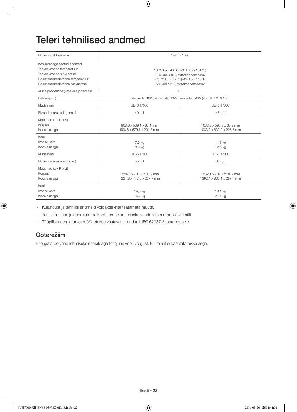 Teleri tehnilised andmed, Ooterežiim | Samsung UE60H7000ST User Manual | Page 352 / 353