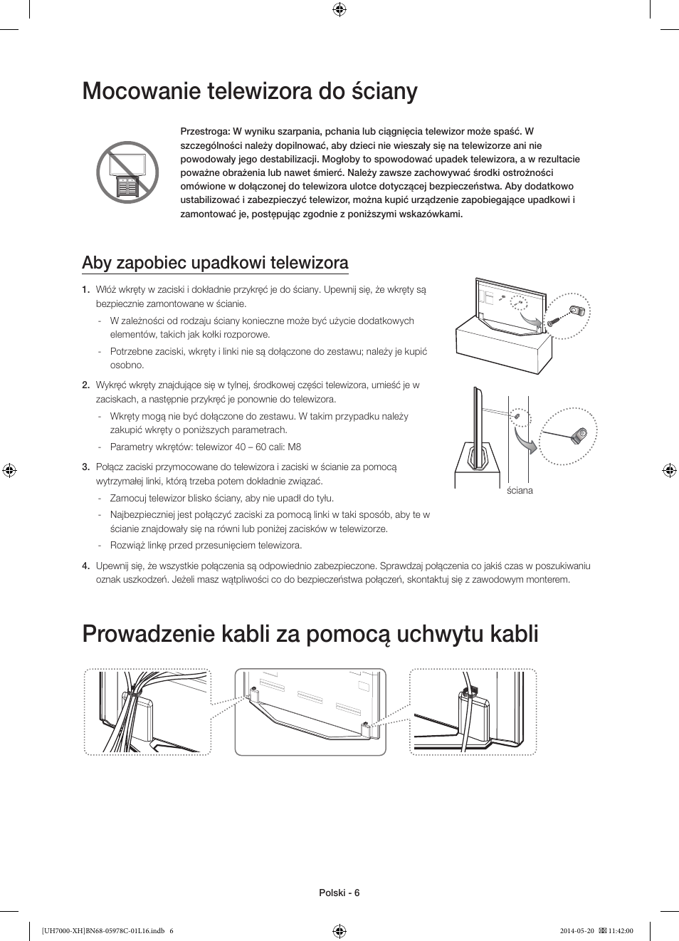 Mocowanie telewizora do ściany, Prowadzenie kabli za pomocą uchwytu kabli, Aby zapobiec upadkowi telewizora | Samsung UE60H7000ST User Manual | Page 50 / 353