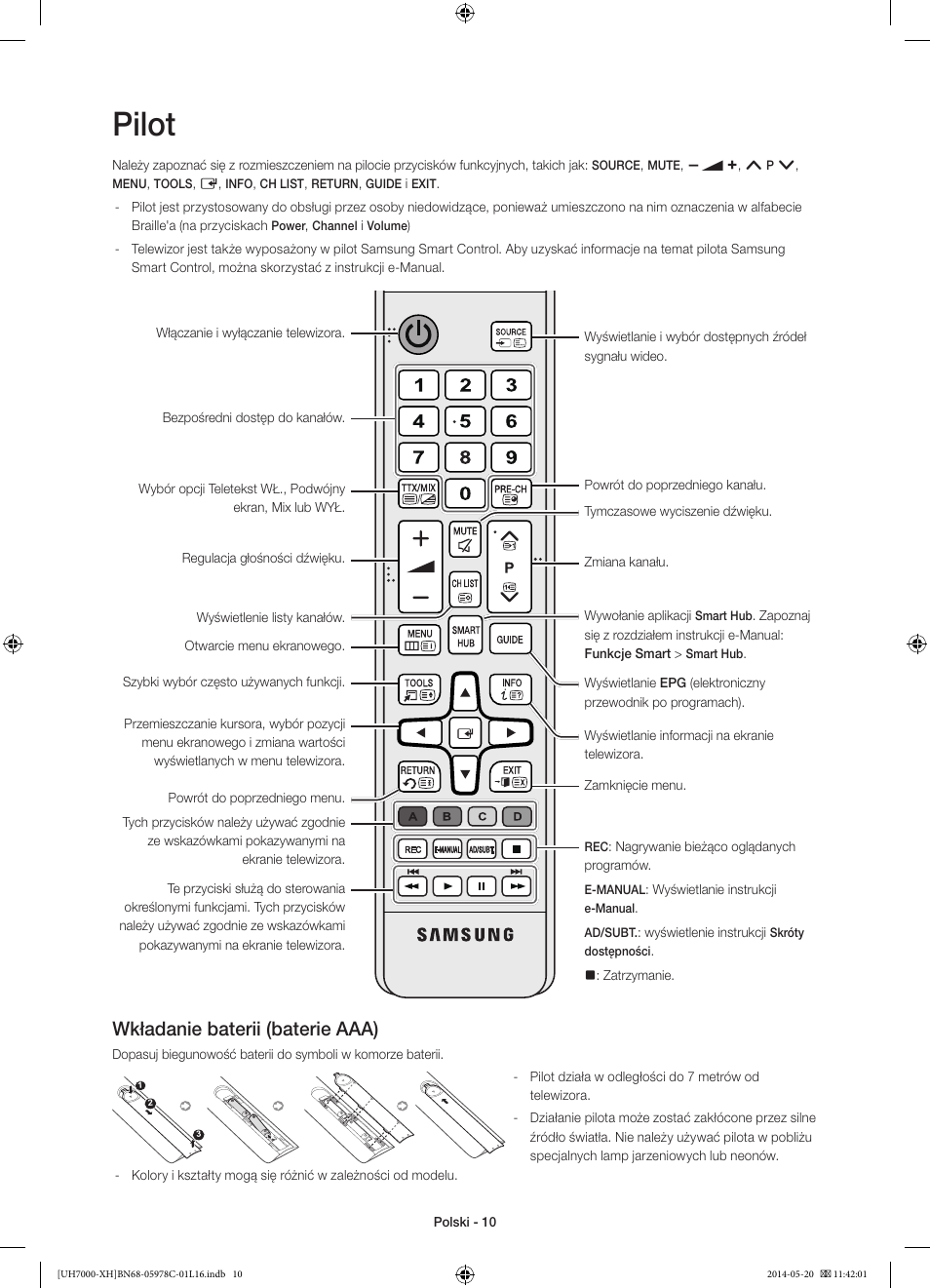 Pilot, Wkładanie baterii (baterie aaa) | Samsung UE60H7000ST User Manual | Page 54 / 353