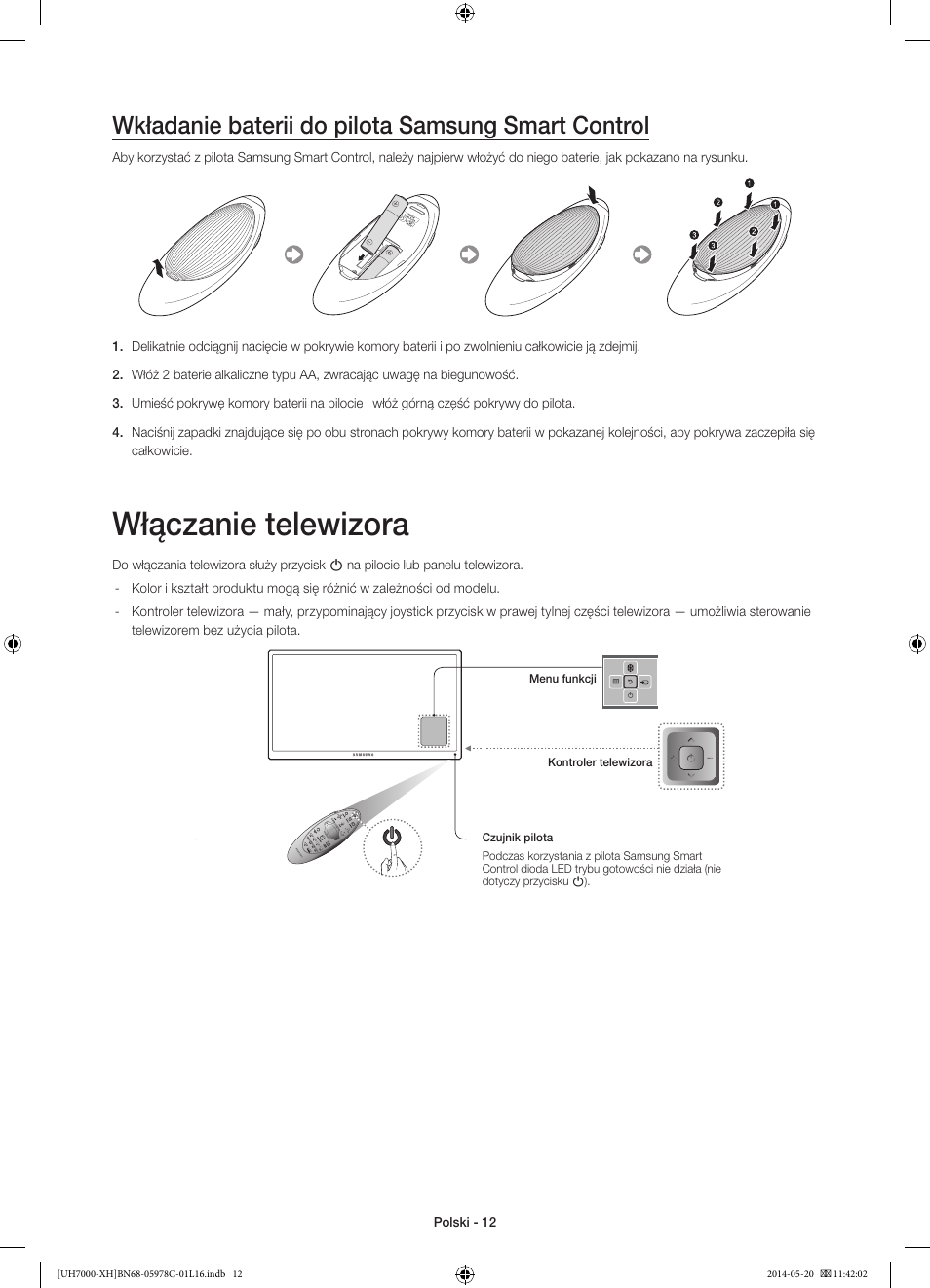 Włączanie telewizora, Wkładanie baterii do pilota samsung smart control | Samsung UE60H7000ST User Manual | Page 56 / 353