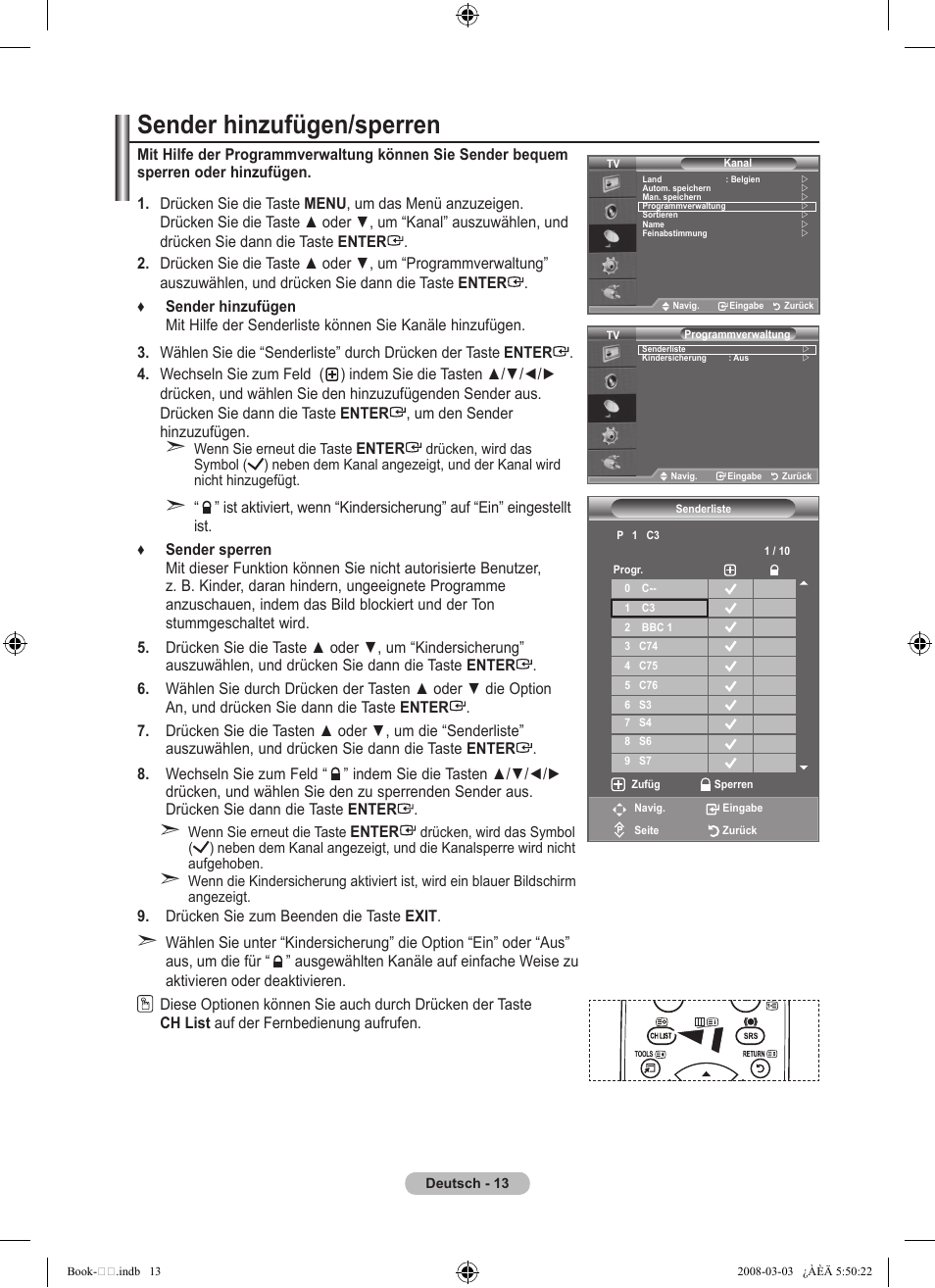 Sender hinzufügen/sperren | Samsung LE32A450C2 User Manual | Page 103 / 533