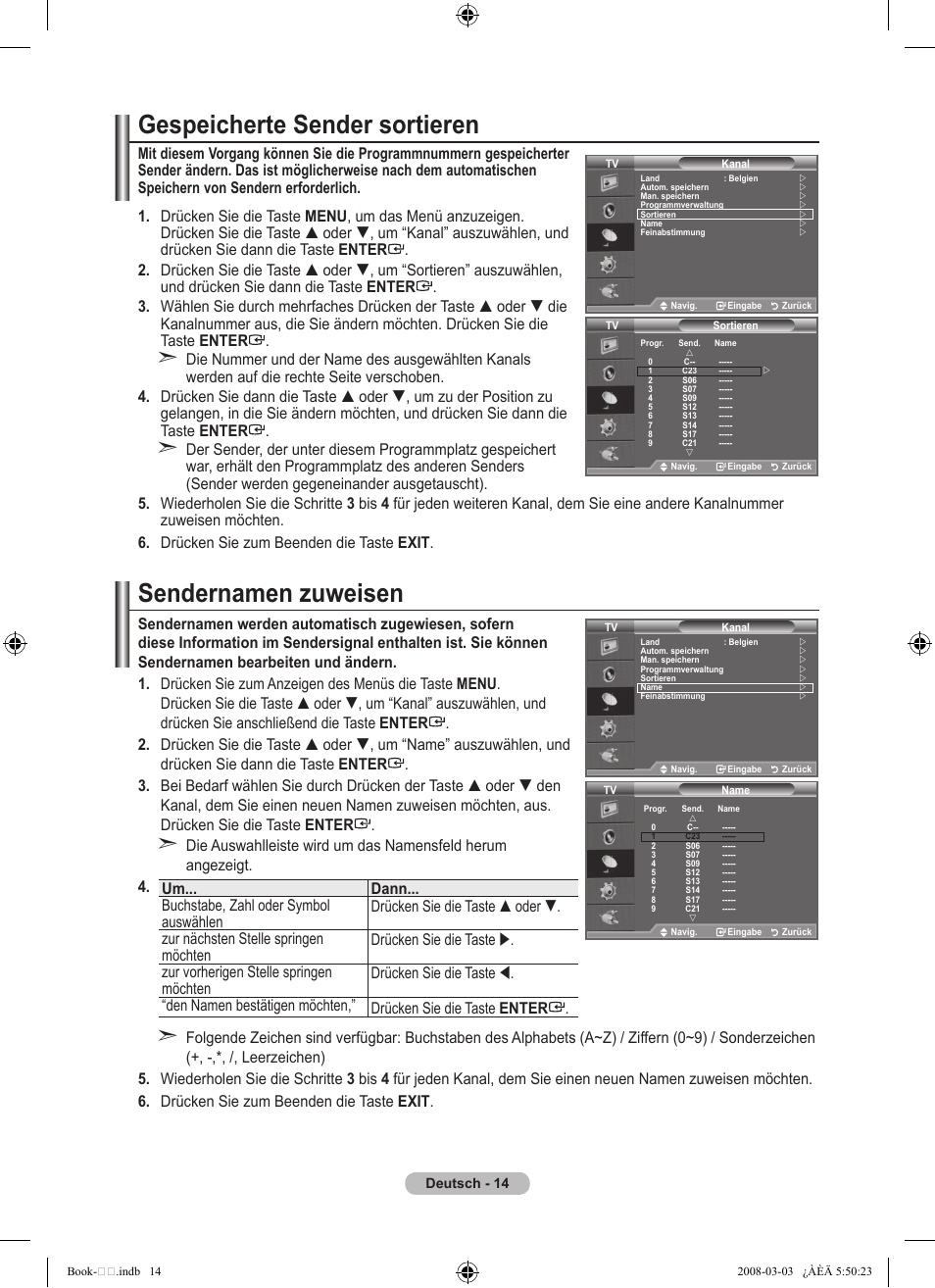 Gespeicherte sender sortieren, Sendernamen zuweisen | Samsung LE32A450C2 User Manual | Page 104 / 533