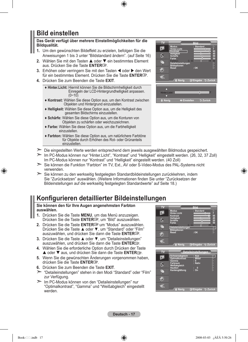 Bild einstellen, Konfigurieren detaillierter bildeinstellungen | Samsung LE32A450C2 User Manual | Page 107 / 533