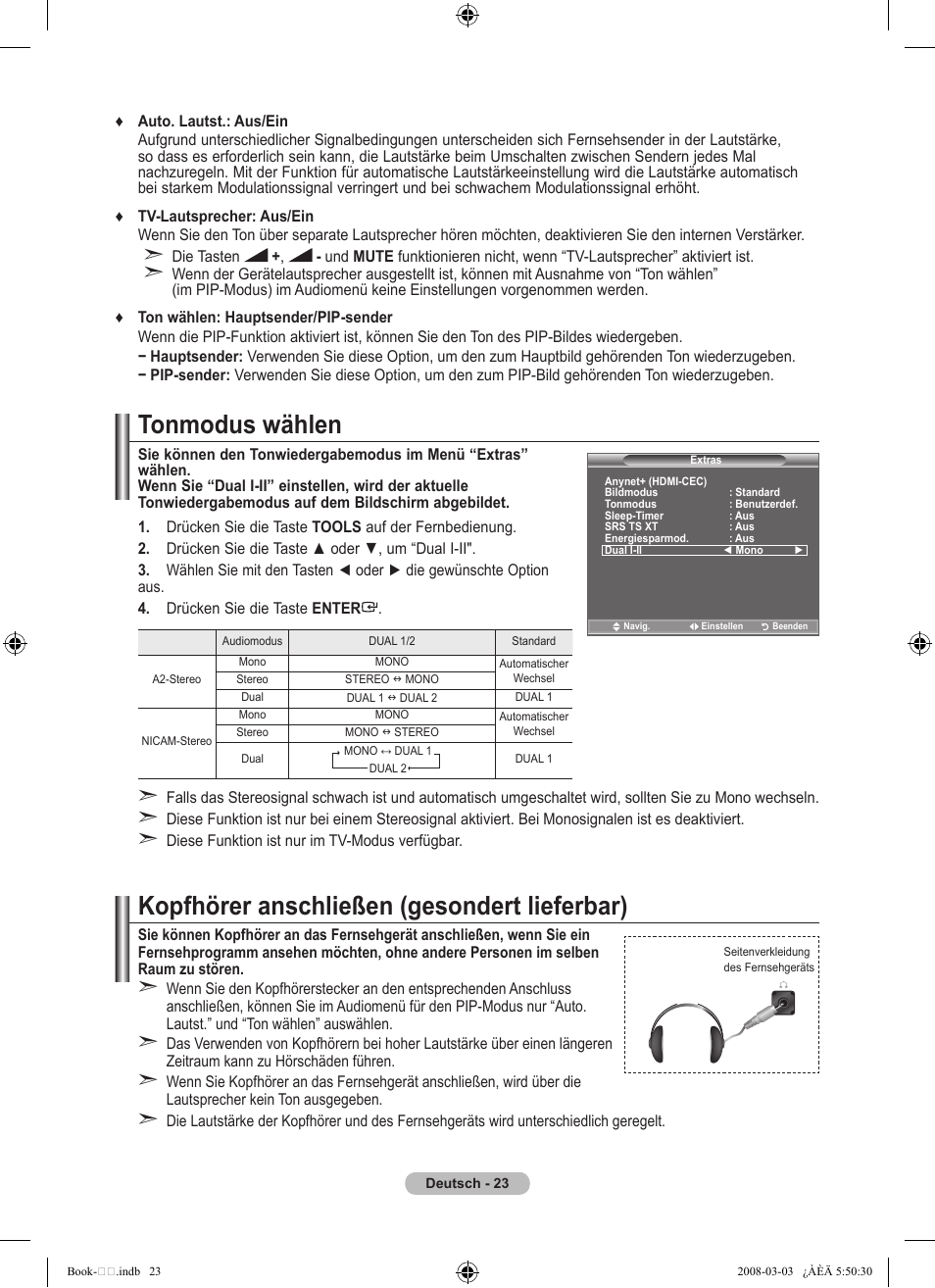 Tonmodus wählen, Kopfhörer anschließen (gesondert lieferbar) | Samsung LE32A450C2 User Manual | Page 113 / 533