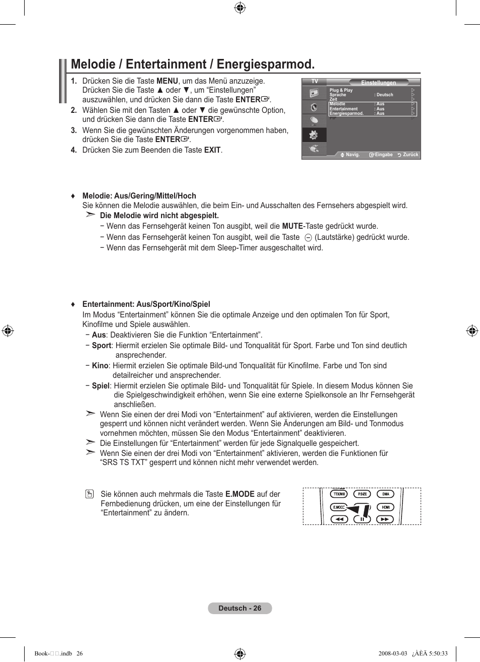 Melodie / entertainment / energiesparmod | Samsung LE32A450C2 User Manual | Page 116 / 533