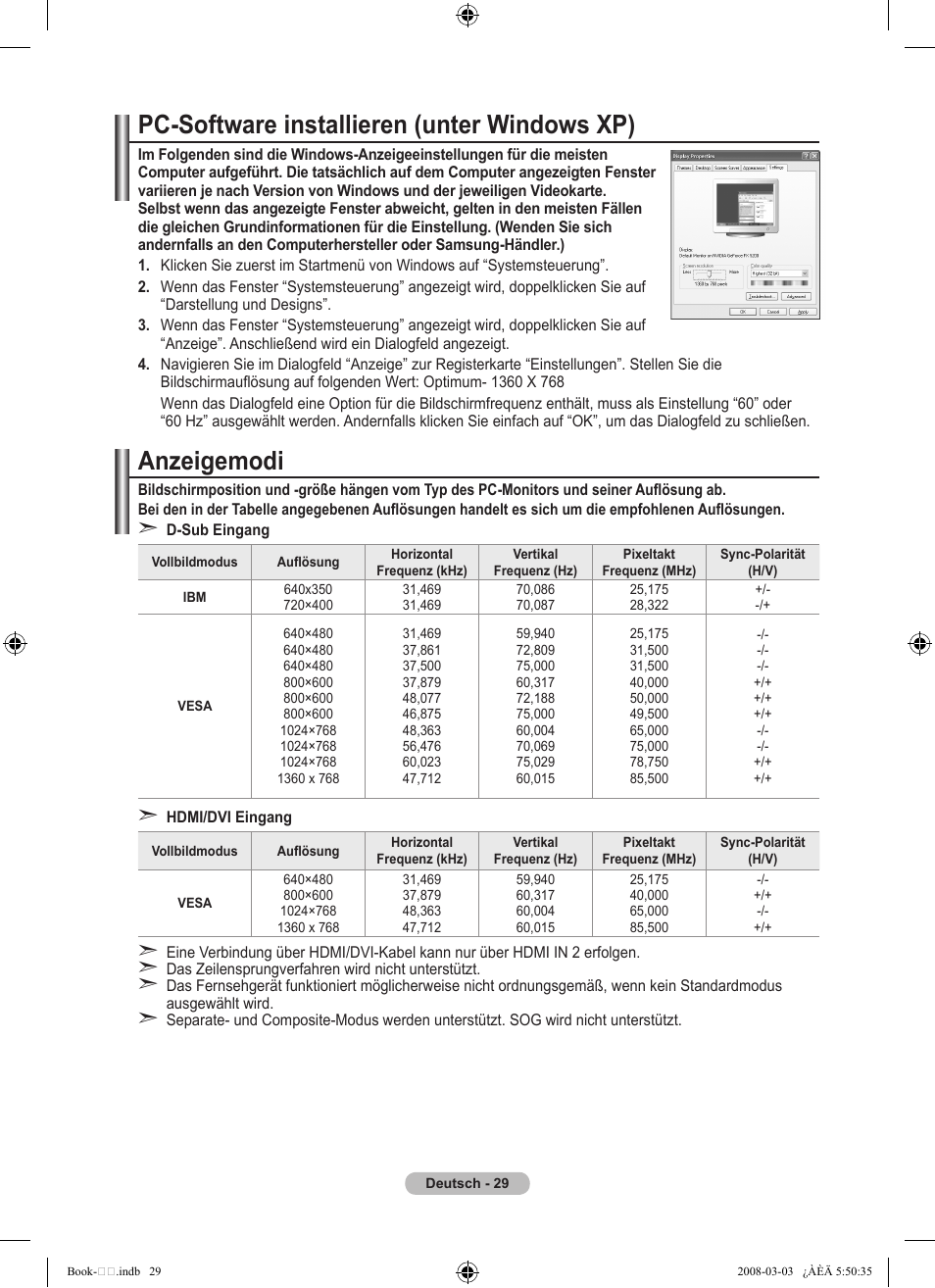 Pc-software installieren (unter windows xp), Anzeigemodi | Samsung LE32A450C2 User Manual | Page 119 / 533