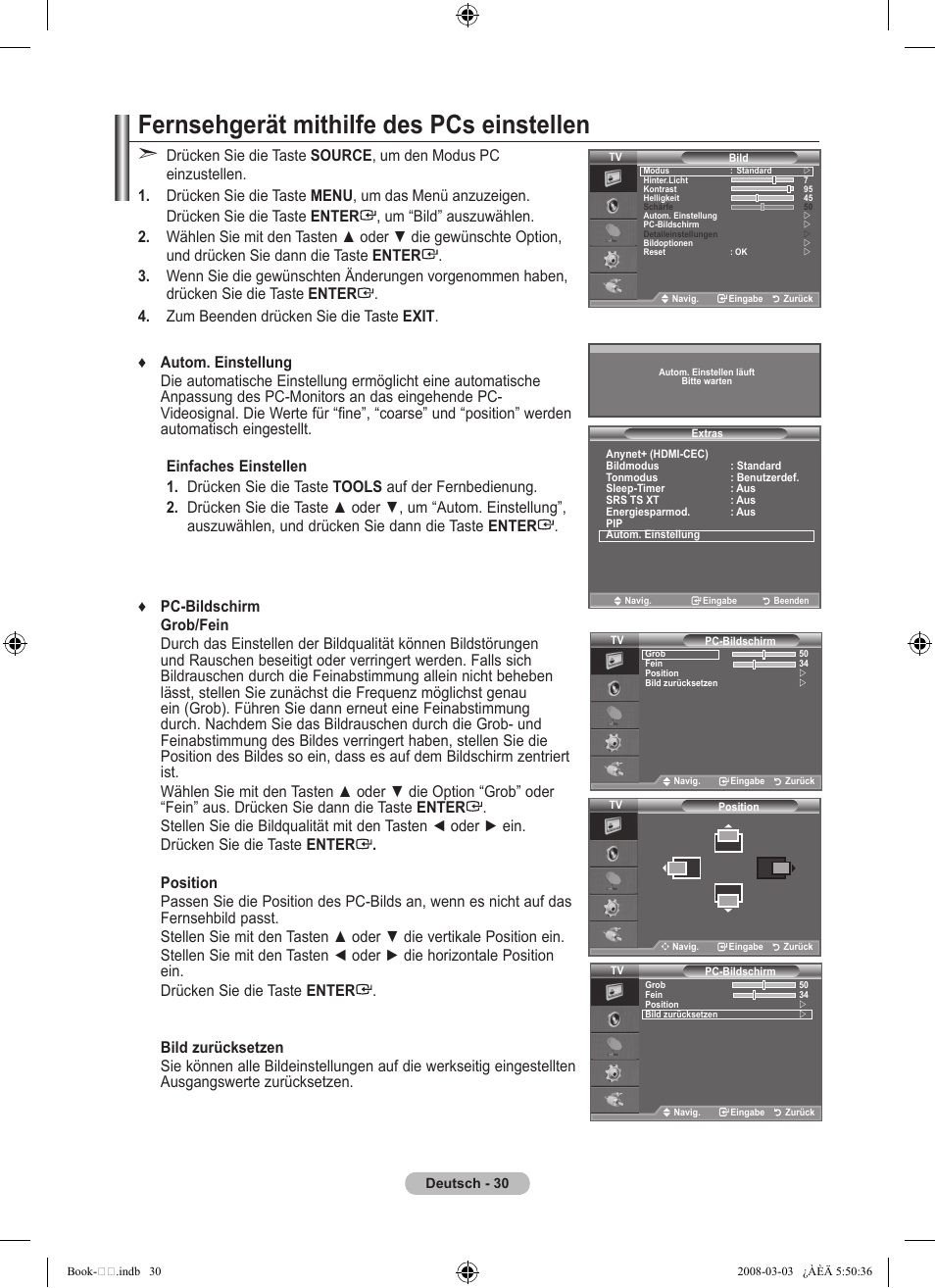 Fernsehgerät mithilfe des pcs einstellen | Samsung LE32A450C2 User Manual | Page 120 / 533