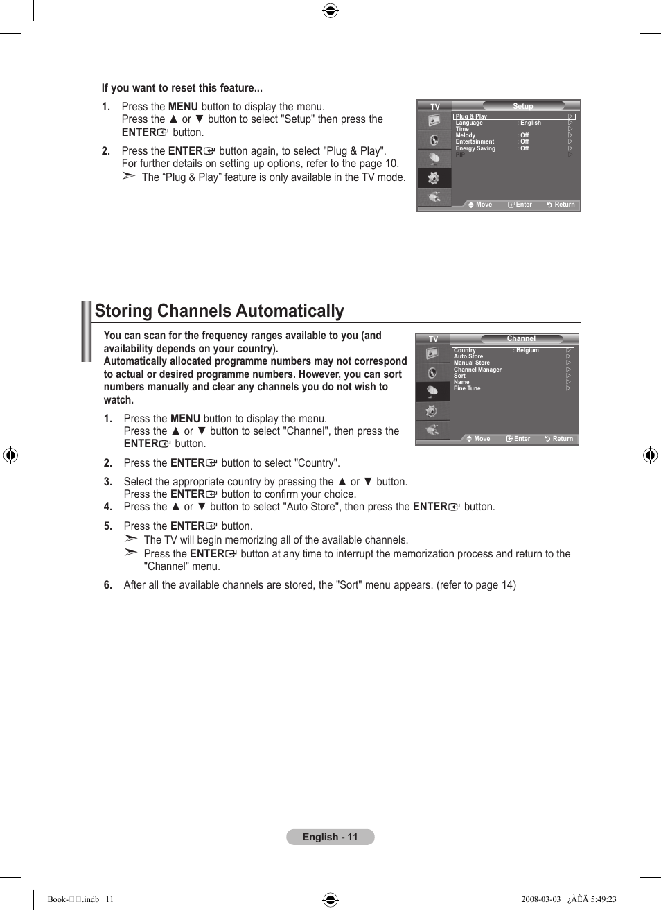 Setting the channels, Storing channels automatically | Samsung LE32A450C2 User Manual | Page 13 / 533