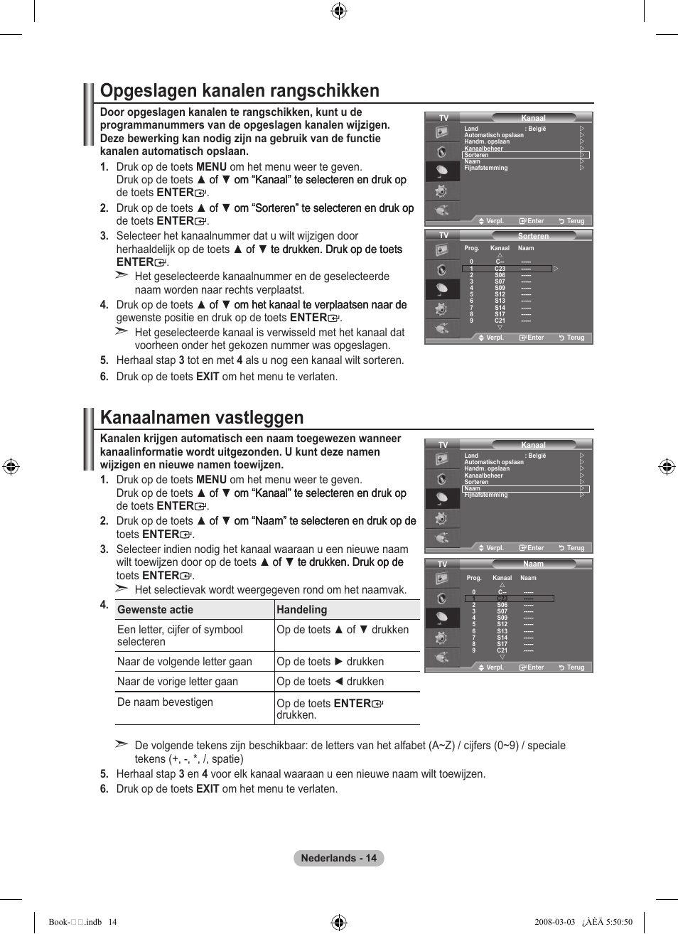 Opgeslagen kanalen rangschikken, Kanaalnamen vastleggen | Samsung LE32A450C2 User Manual | Page 148 / 533